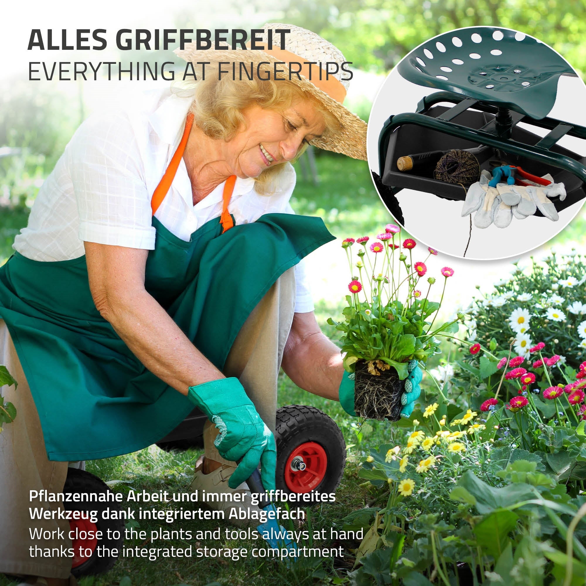 Donna in giardino con carriola, piante e attrezzi, tutto a portata di mano.
