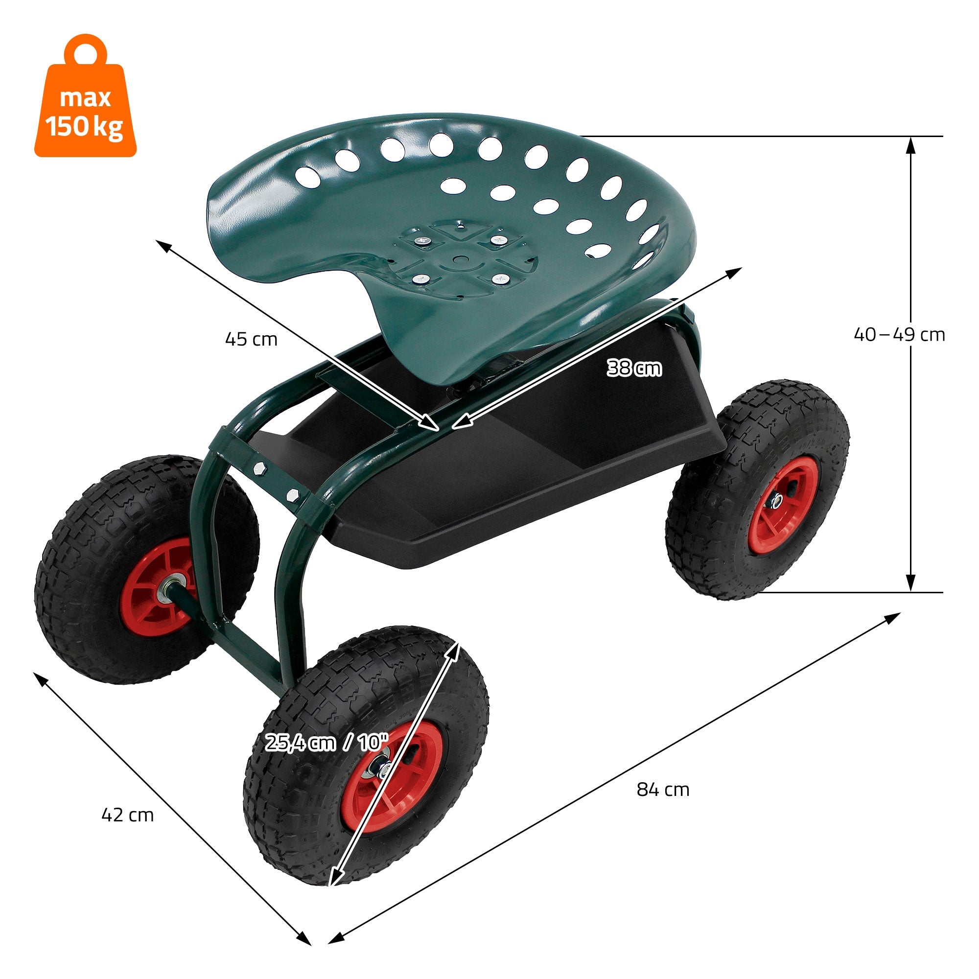 Sedia da giardino verde su ruote con dimensioni e capacità di carico di 150 kg.