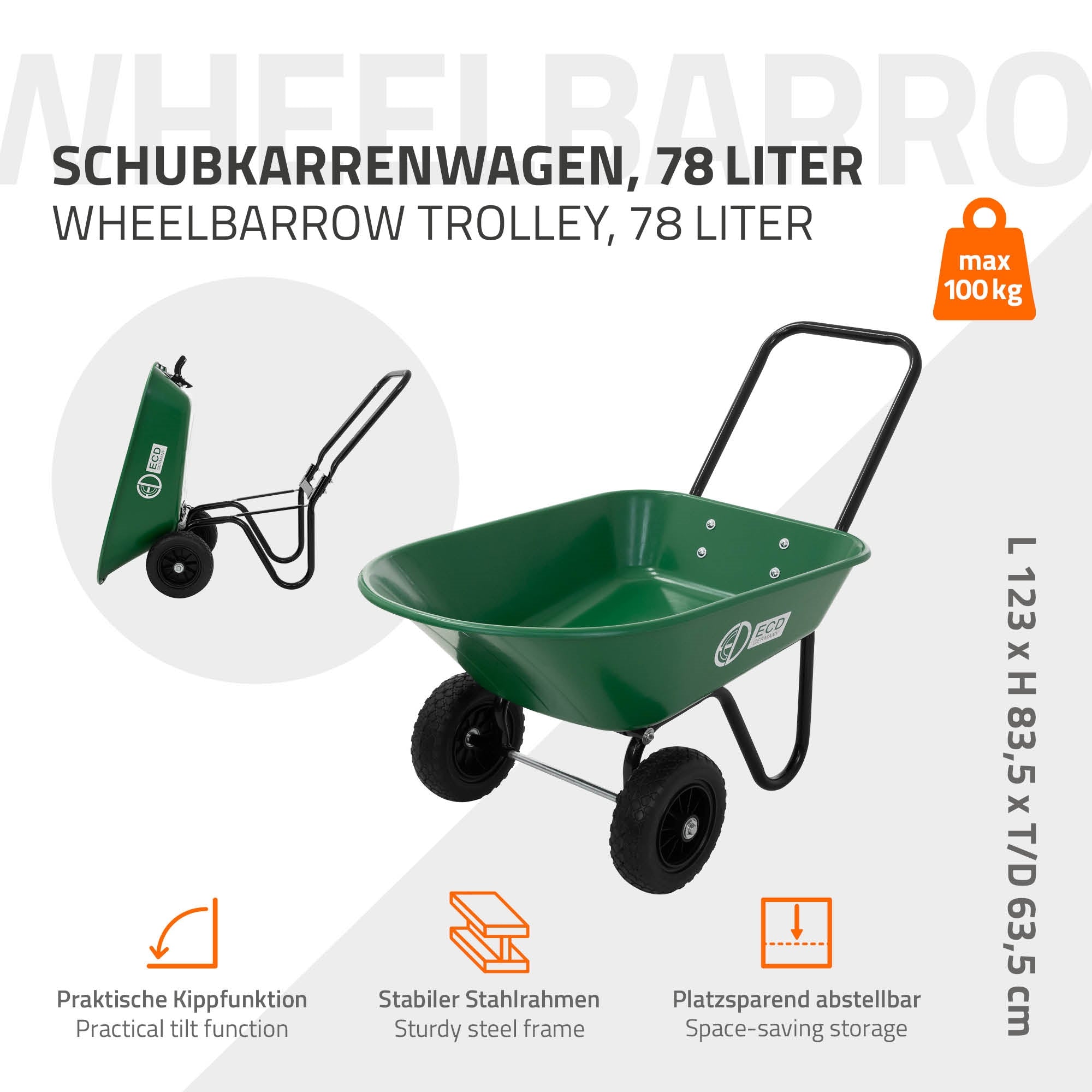 Schubkarre in grün, 78 Liter, mit stabilen Stahlrahmen und Kippfunktion.