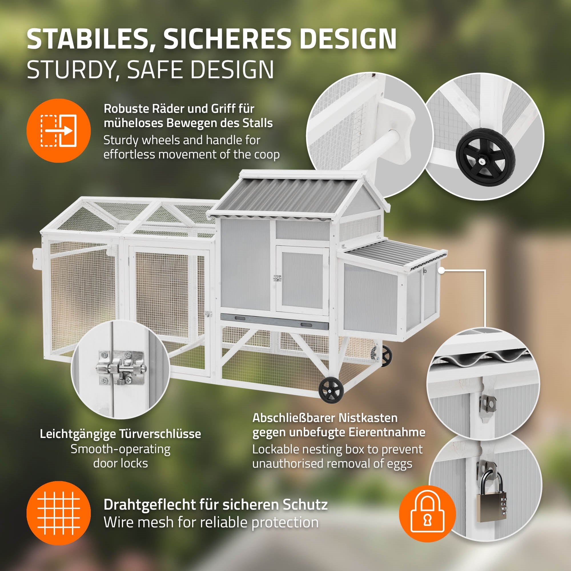 Mobiler Hühnerstall mit robustem Design und stabilen Rädern im Garten.