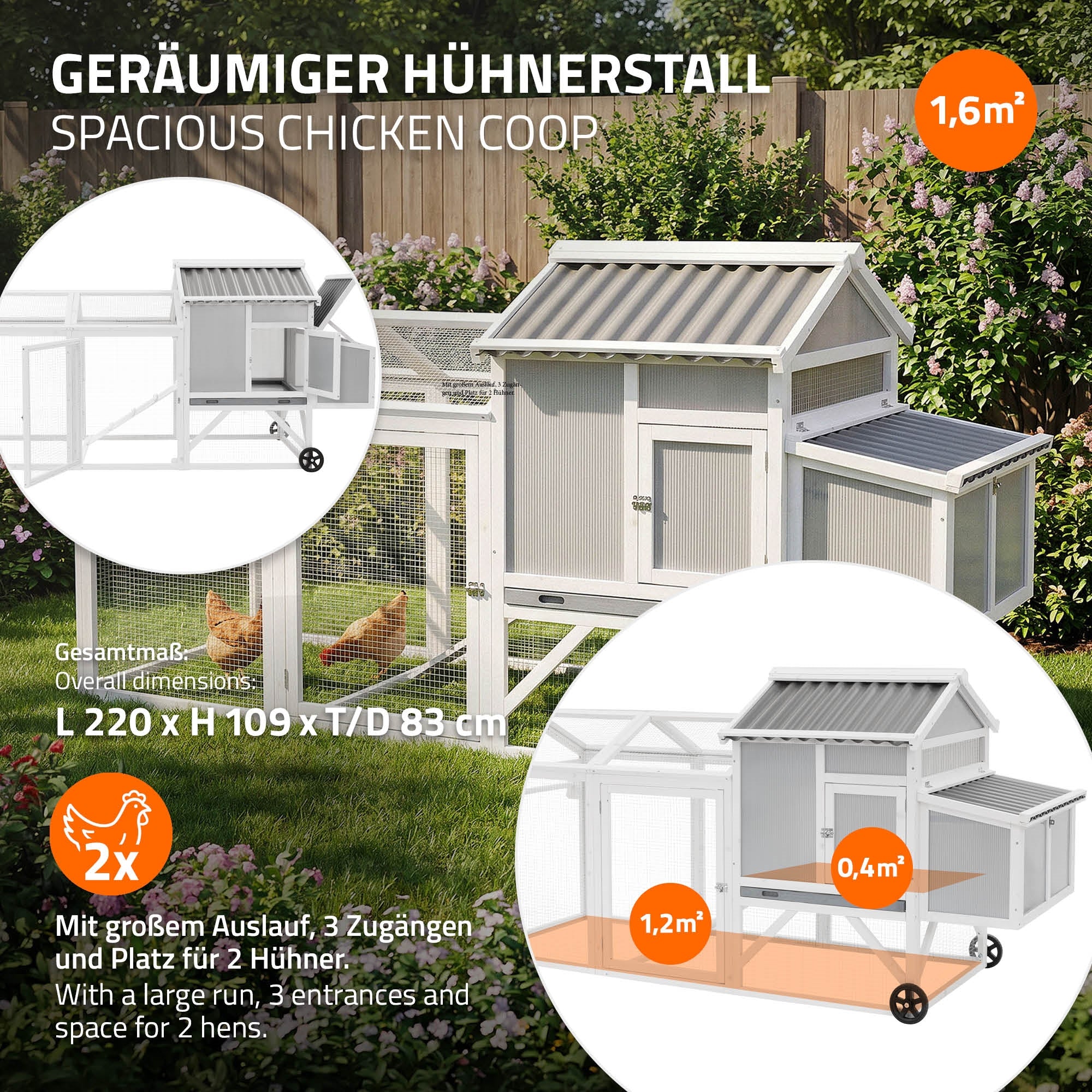 Hühnerstall mit Auslauf, Platz für zwei Hühner, graue und weiße Farben.