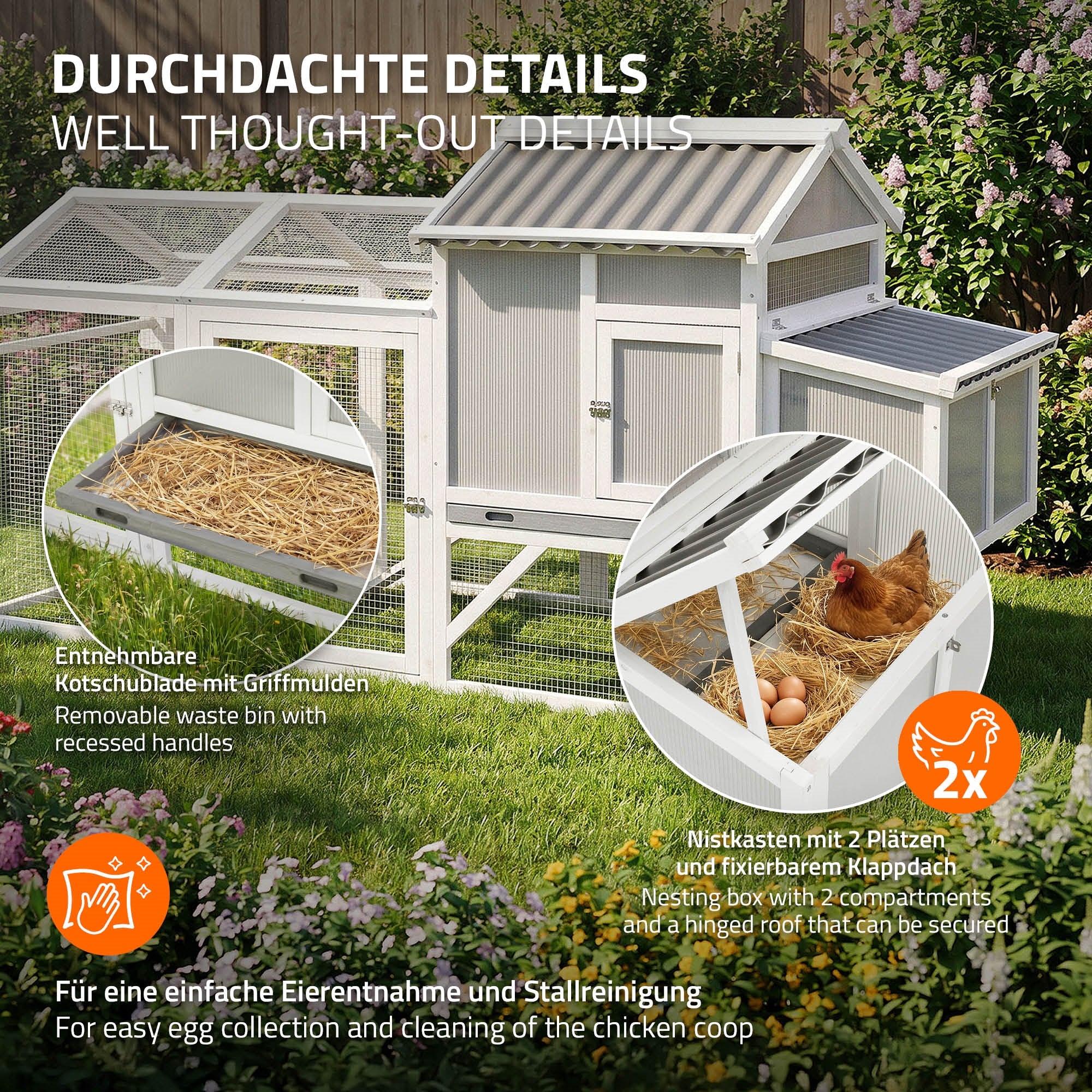 Hühnerstall mit Nistkästen, Klappdach und herausnehmbarer Kotwanne, auf grünem Gras.