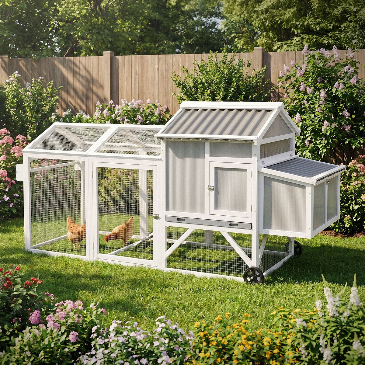 Chicken coop in a garden with chickens and flowering plants.