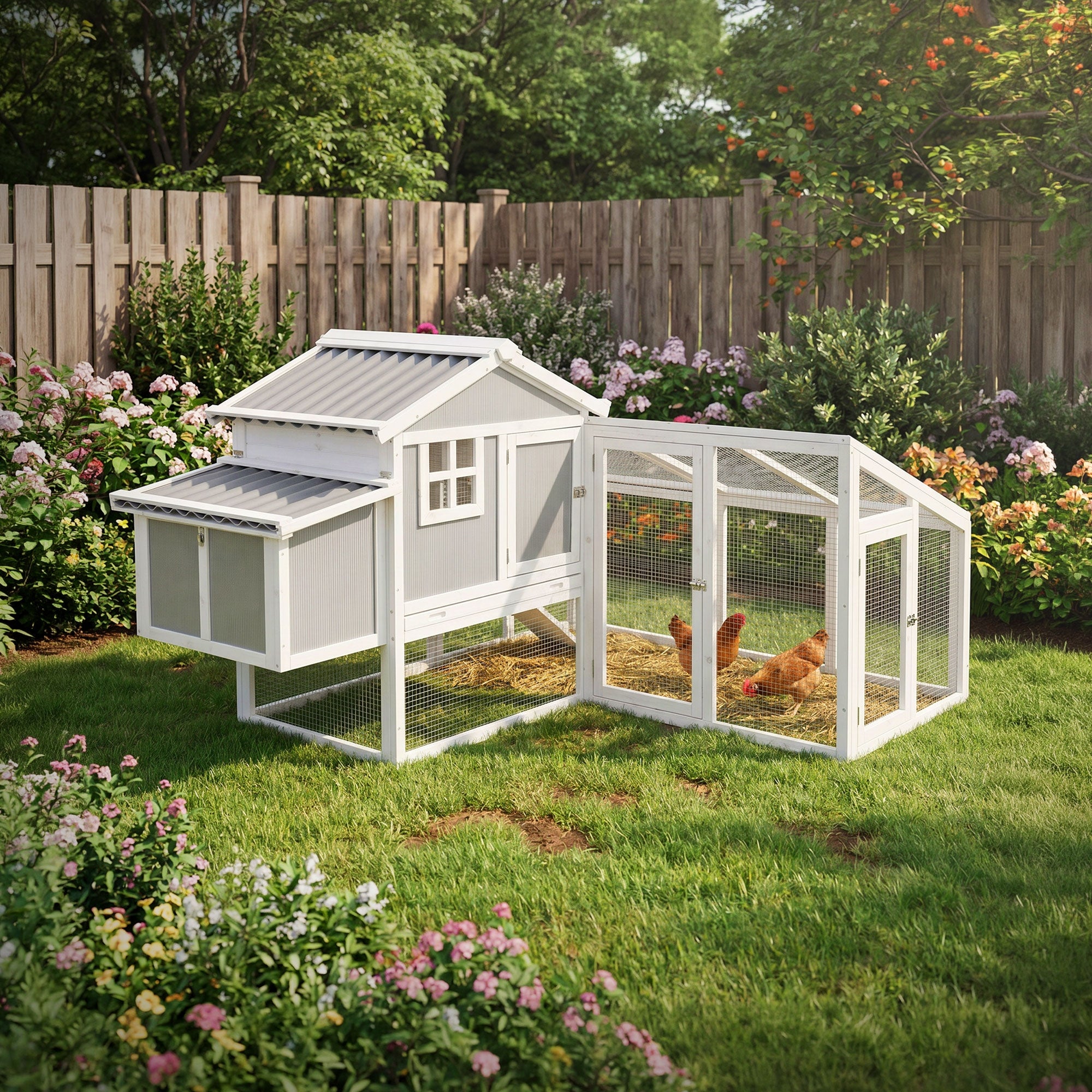 Hühnerhaus mit Hühnern im Freien, umgeben von Blumen.