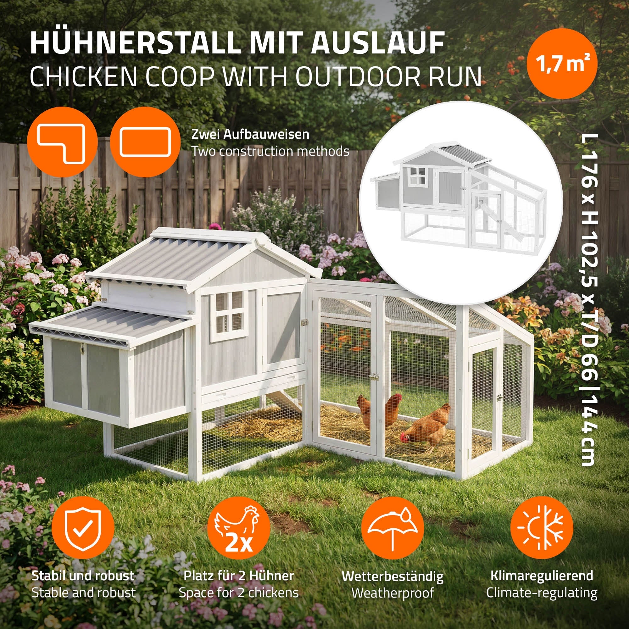 Hühnerstall mit Auslauf und Maßen, abgebildet in einer Grafik.