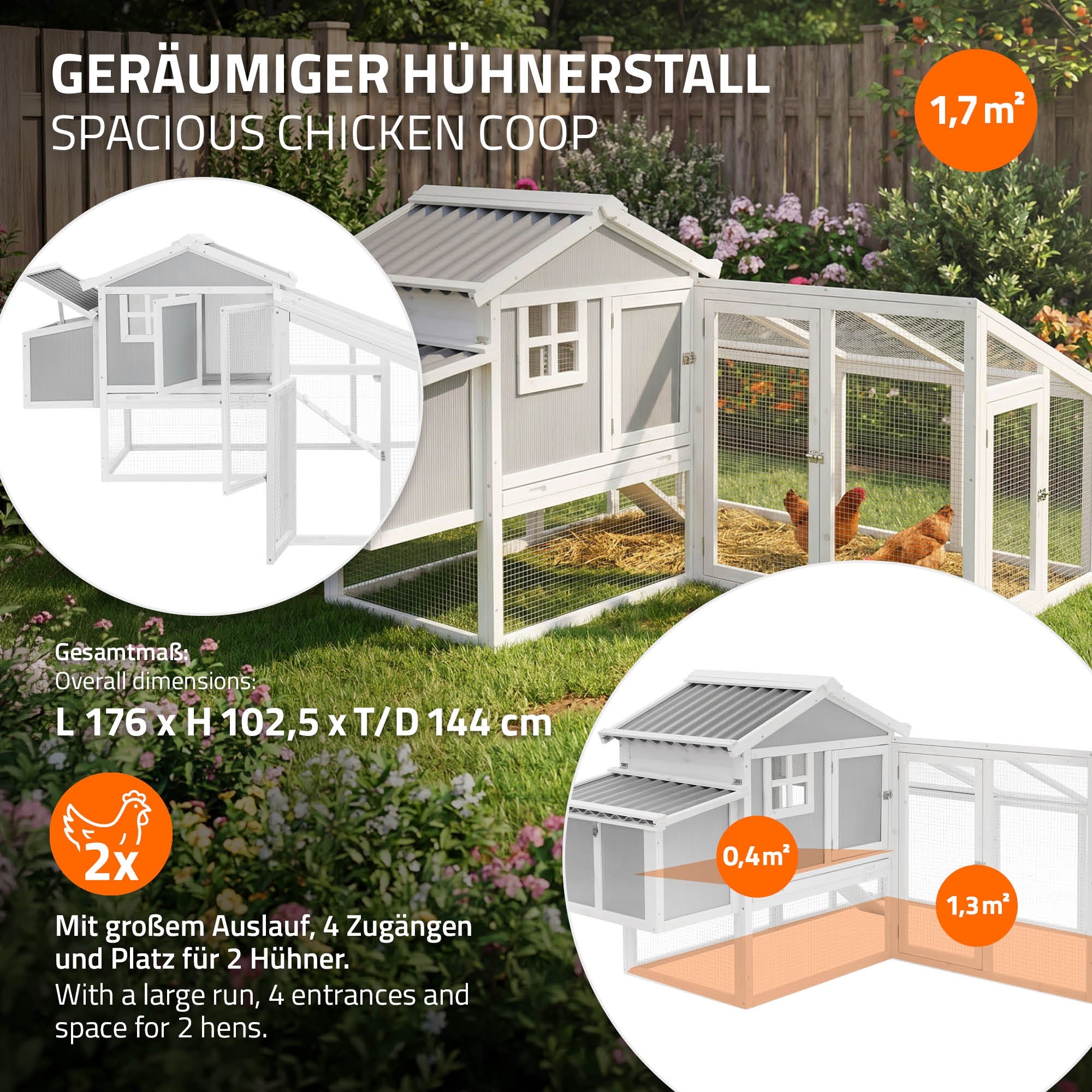 Hühnerstall mit Auslauf, zwei Hühnern Platz, weiße und graue Farben.