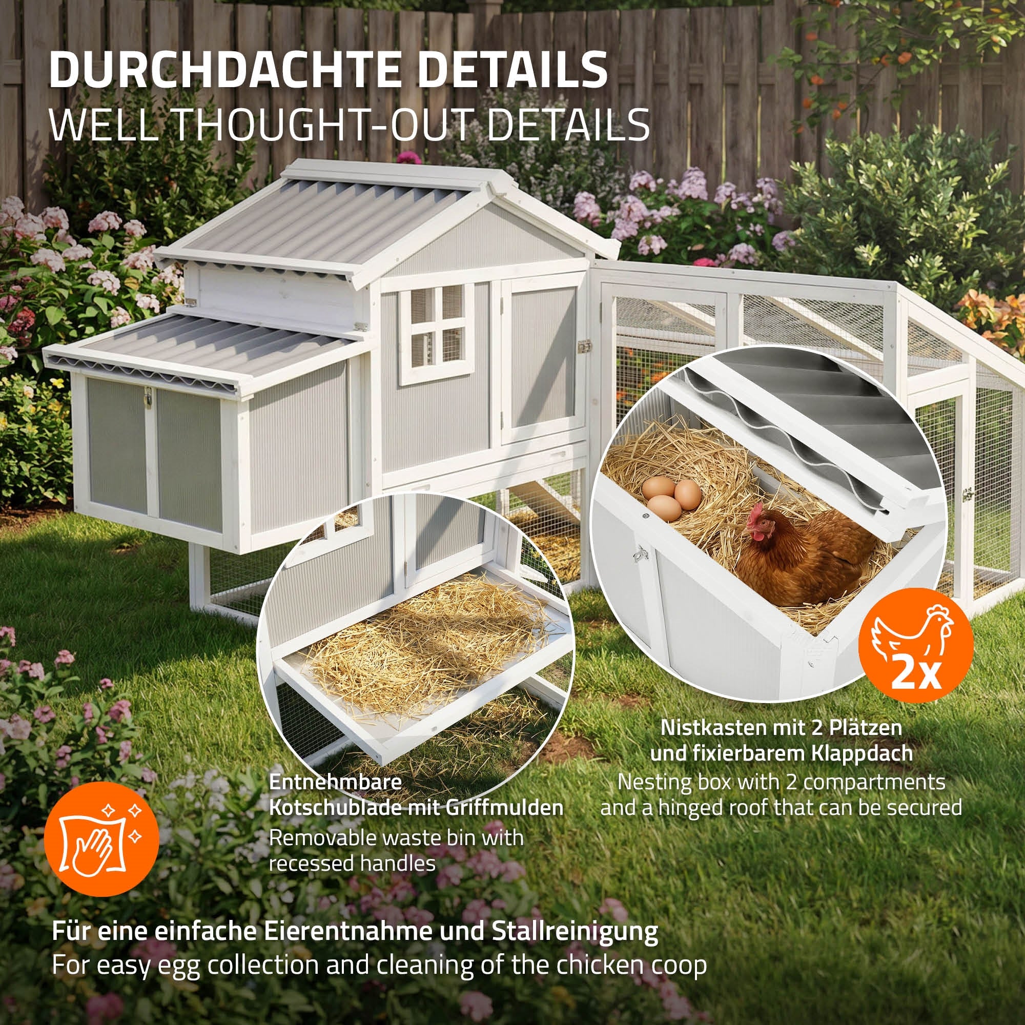 Hühnerstall mit zwei Nistkästen, Klappdach und herausnehmbarer Kotwanne, umgeben von Gras.