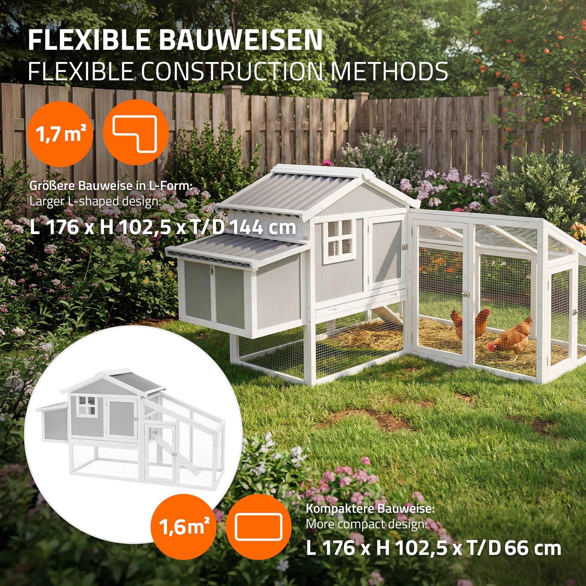 Grafik mit zwei Bauweisen für ein Hühnerhaus im Garten.