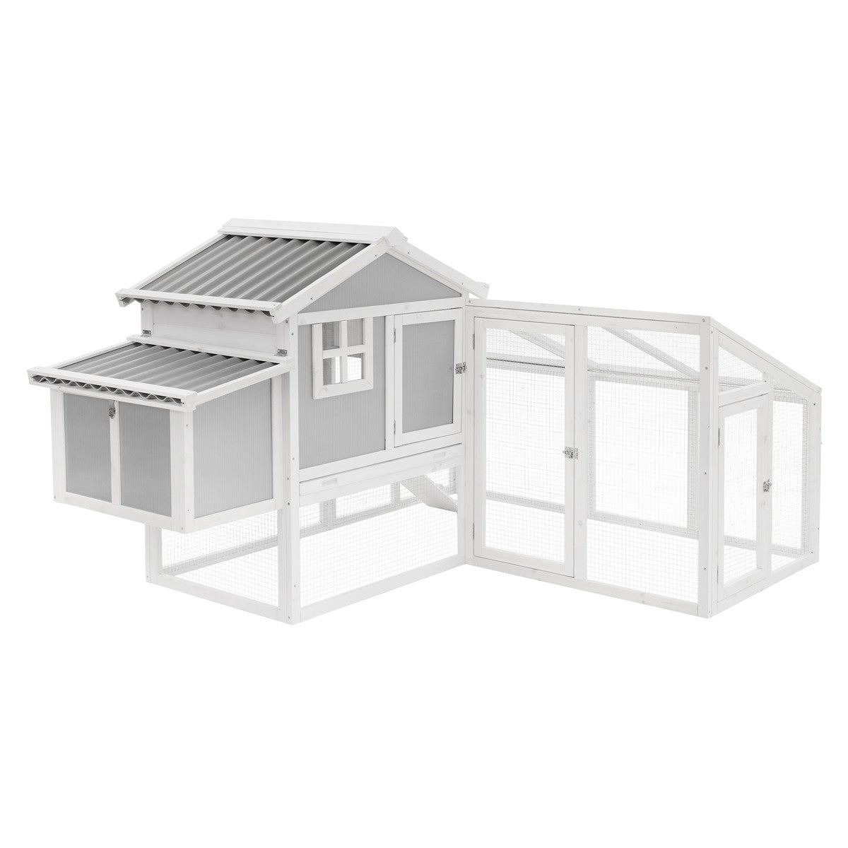 Chicken coop with nest boxes and a large run, in white with windows.