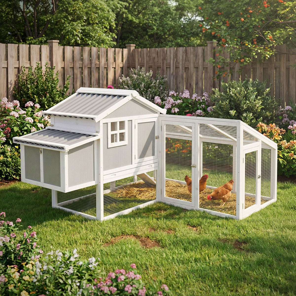 Garden shed with a chicken run in a blooming garden.