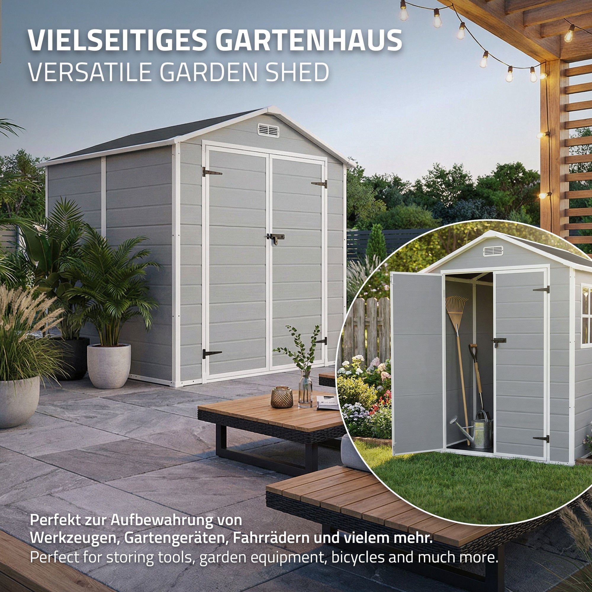 Casetta da giardino luminosa con porta aperta, ideale per riporre attrezzi.