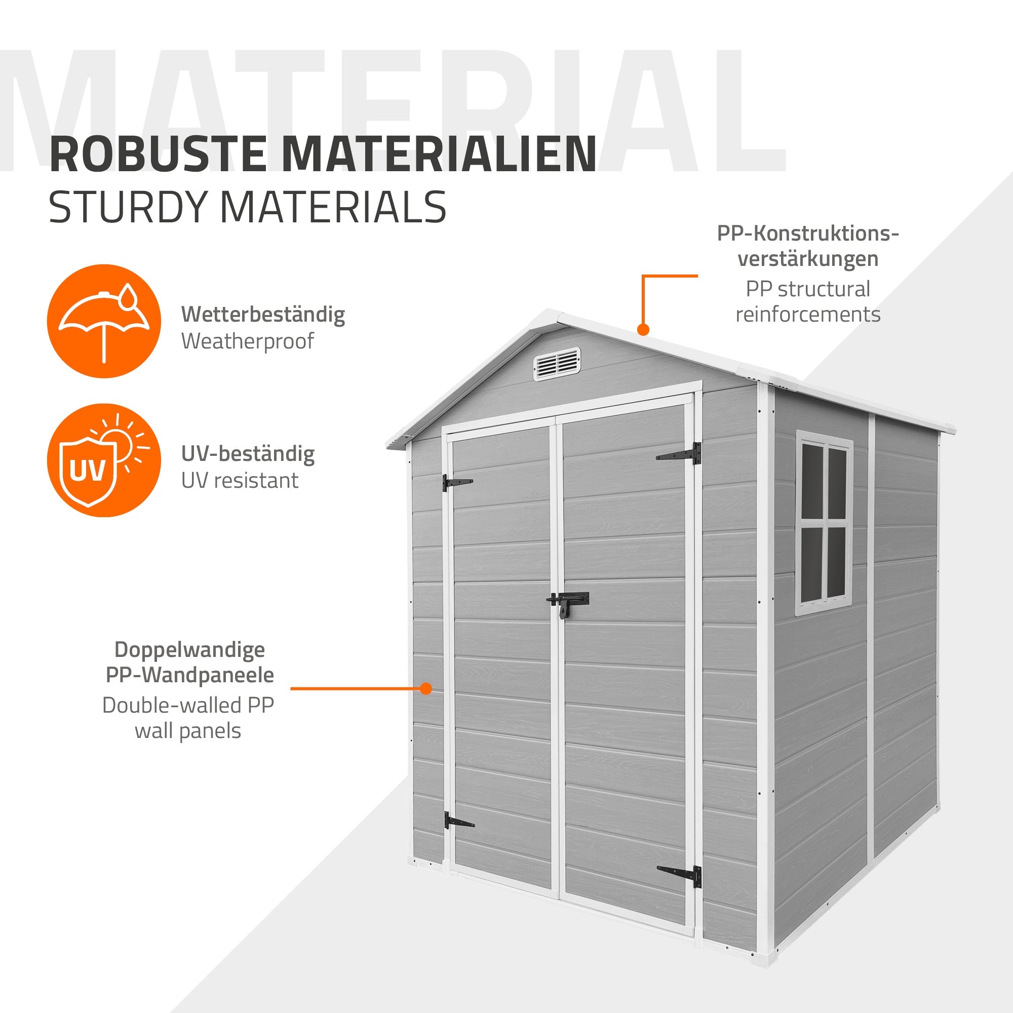 Gartenhaus aus wetterbeständigen Materialien mit Tür und Fenster.