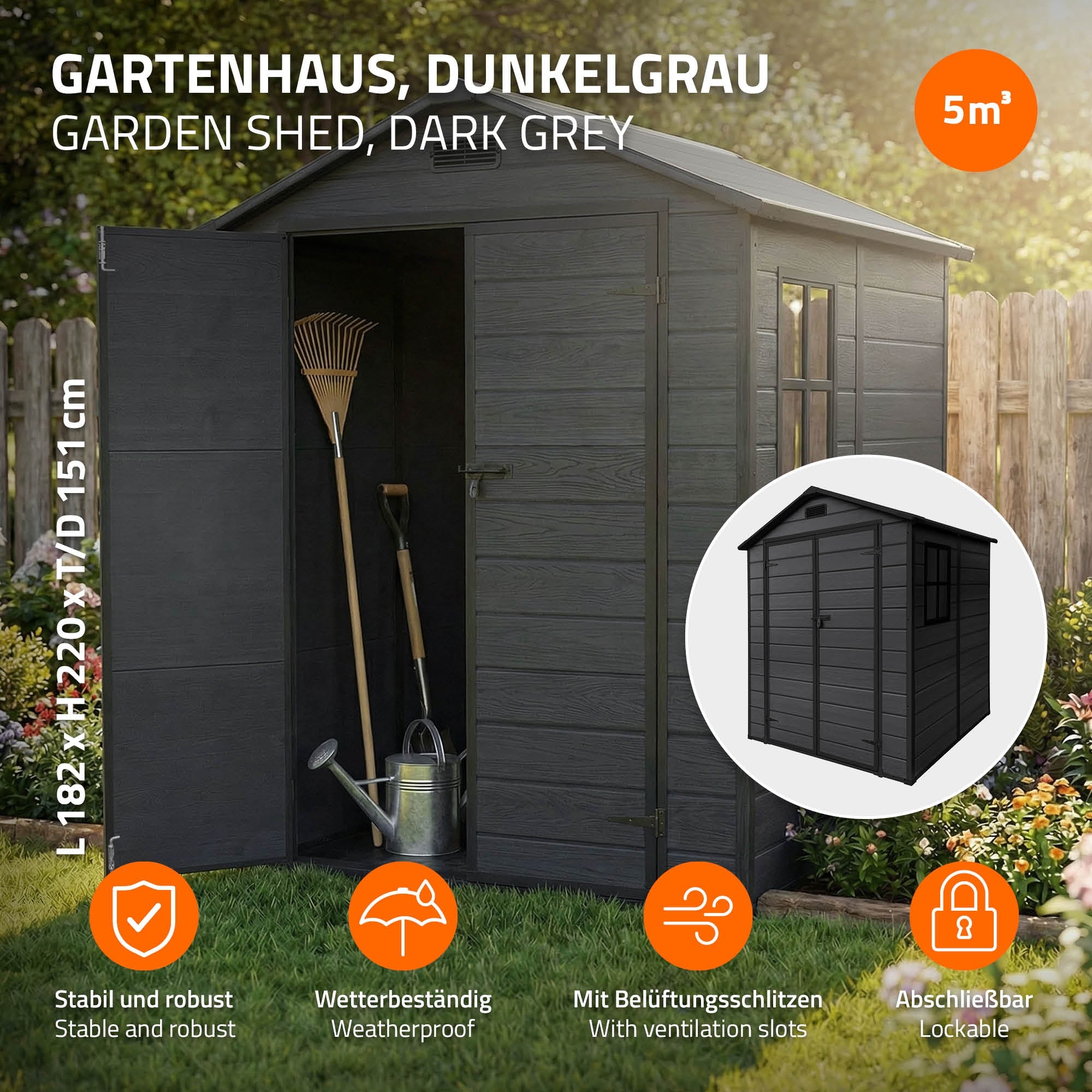 Dunkelgraues Gartenhaus mit Schaufel und Gießkanne im Vordergrund.