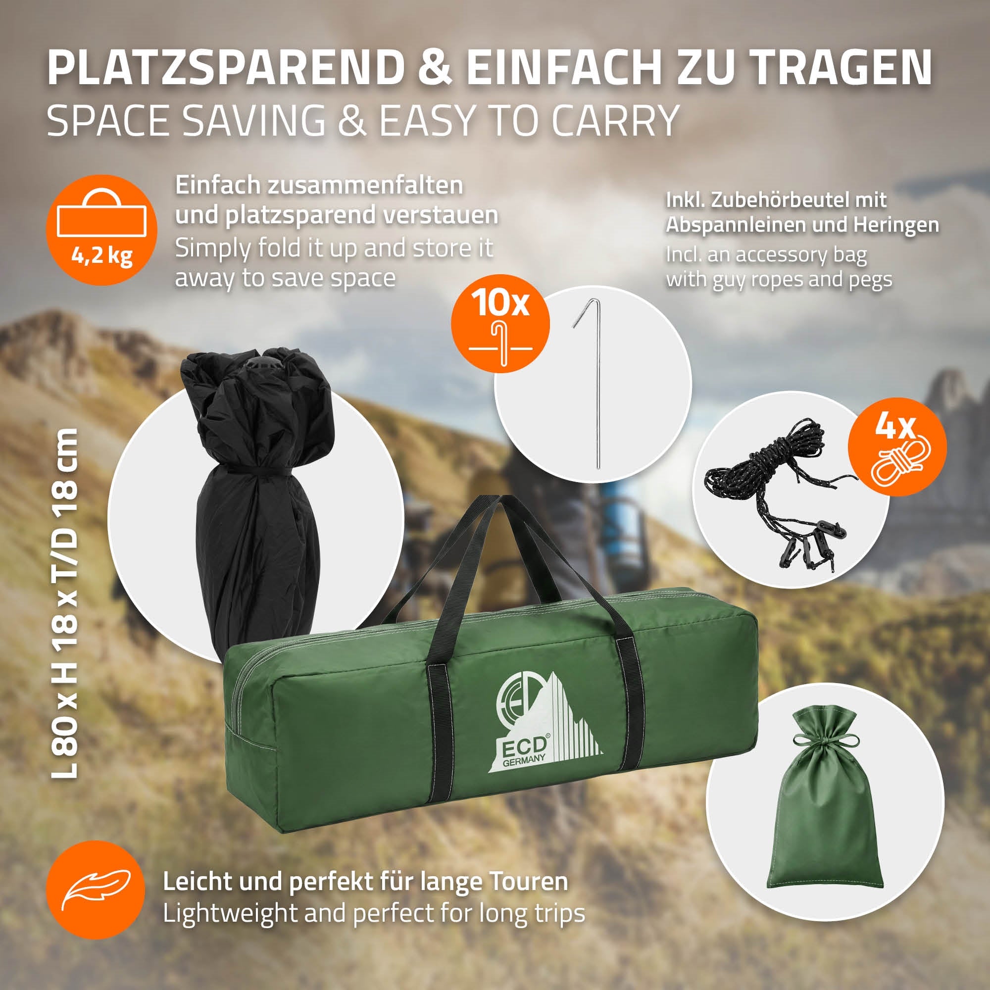 Grafik med et telt, der er pladsbesparende og let at transportere.