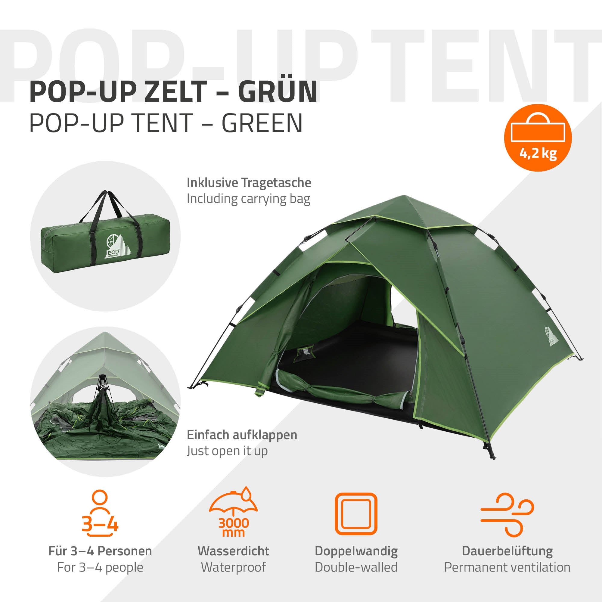 Grünes Pop-Up Zelt mit Tragetasche, für 3-4 Personen, wasserfest und doppeltwandig.
