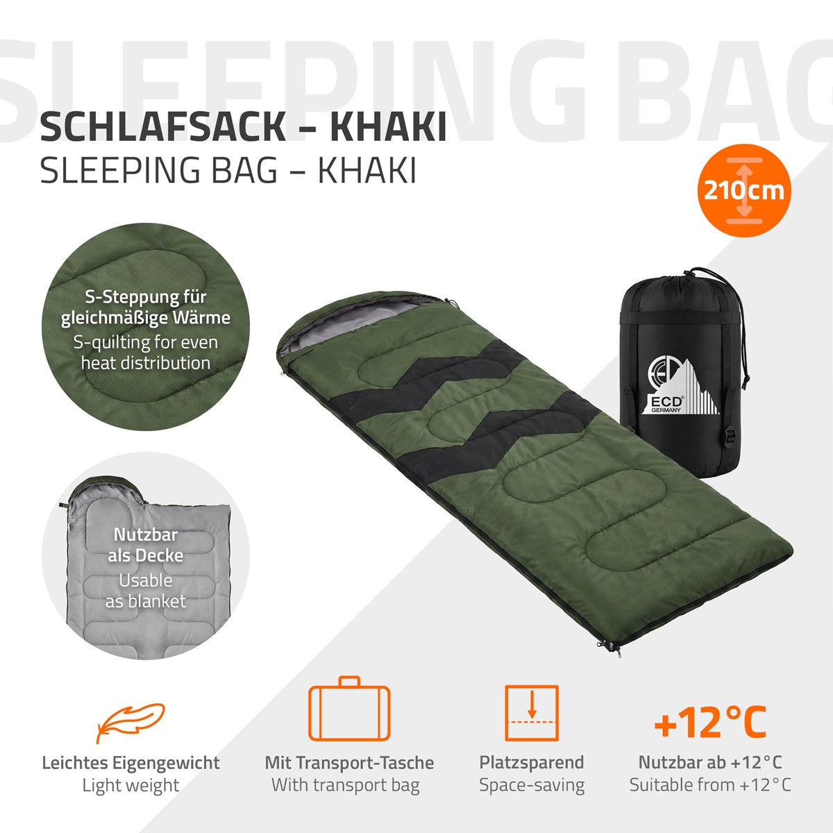 Schlafsack in Khaki, ausgebreitet auf einer Fläche.