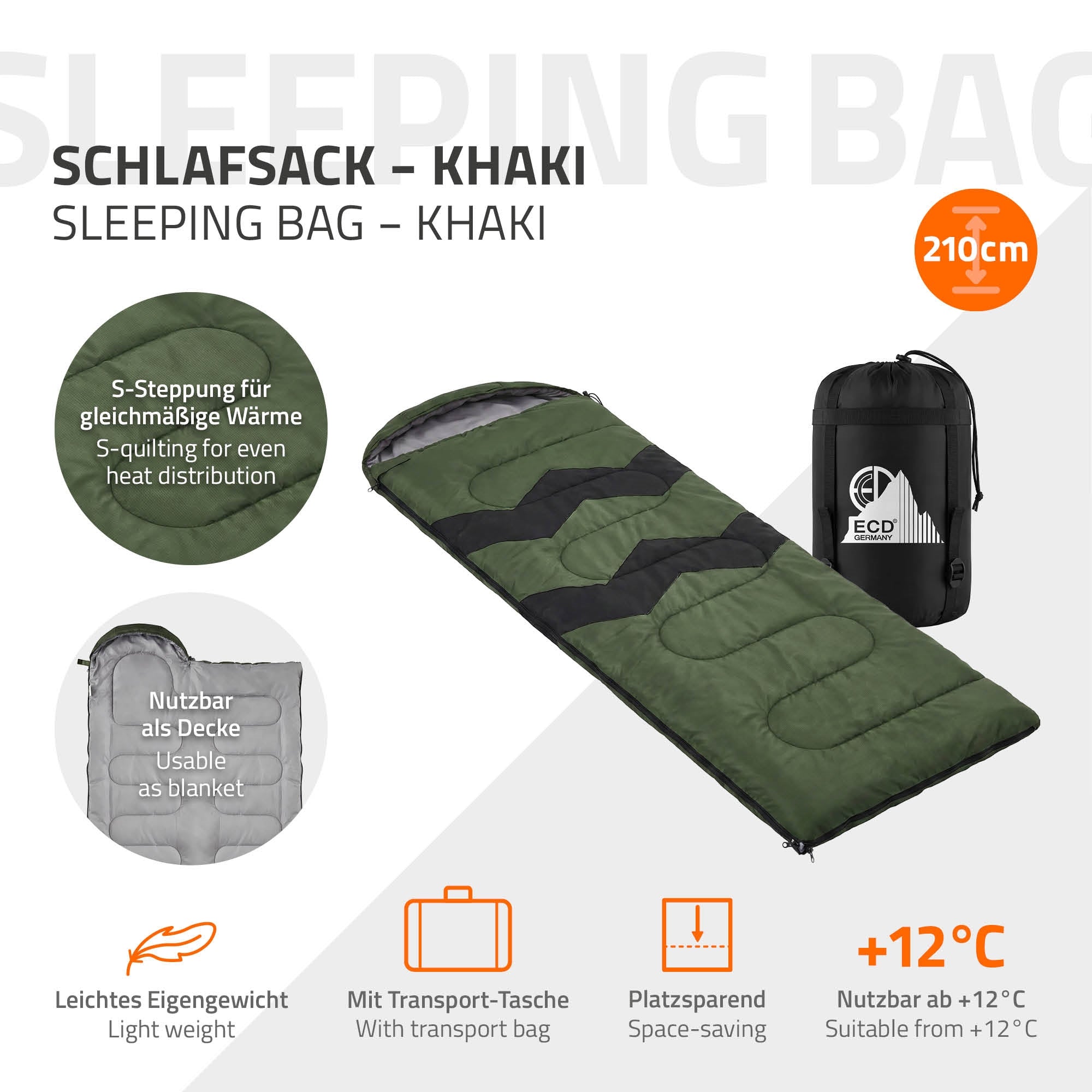 Schlafsack in Khaki, ausgebreitet auf einer Fläche.