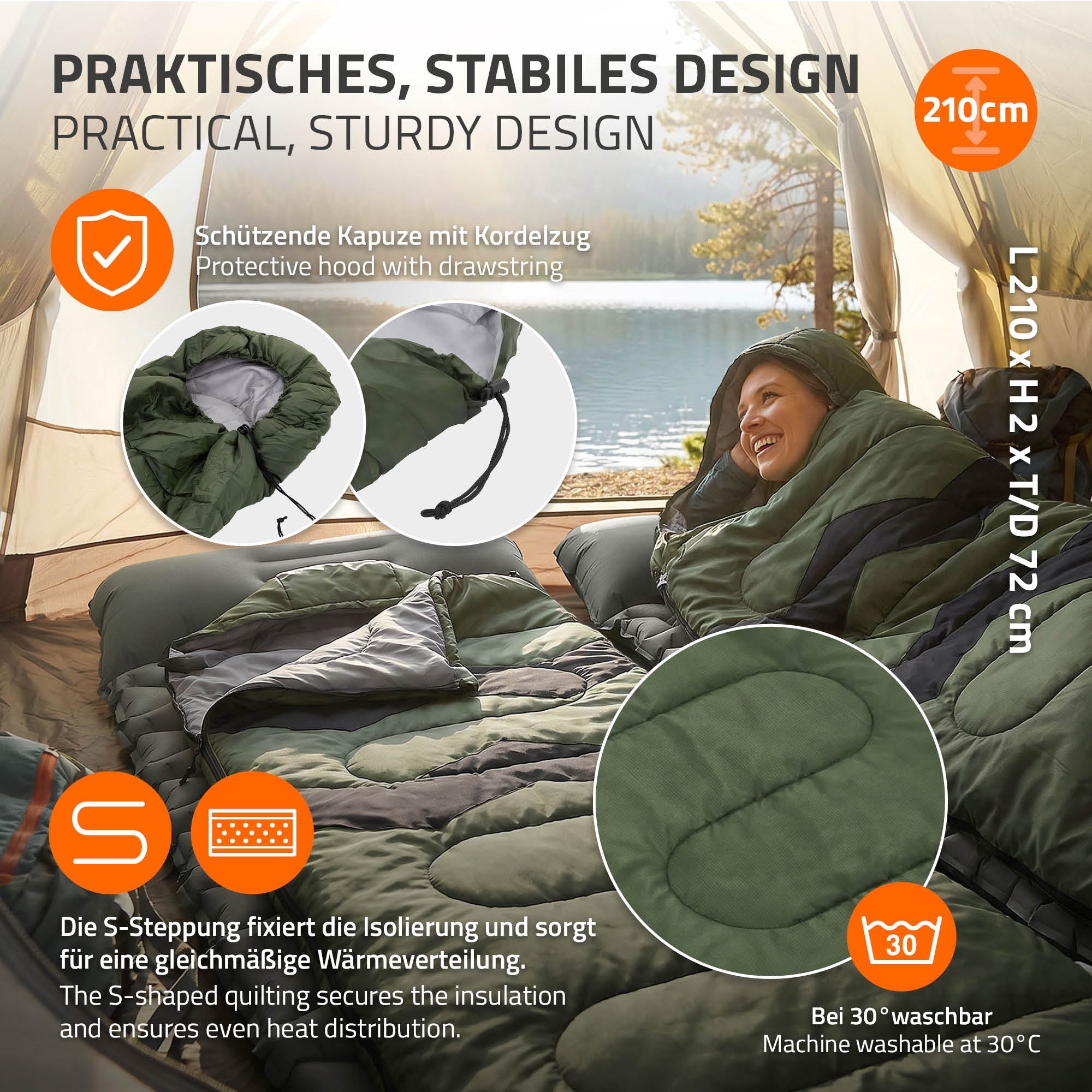 Schlafsack mit Kapuze und S-Steppung, auf einer Matratze im Zelt.