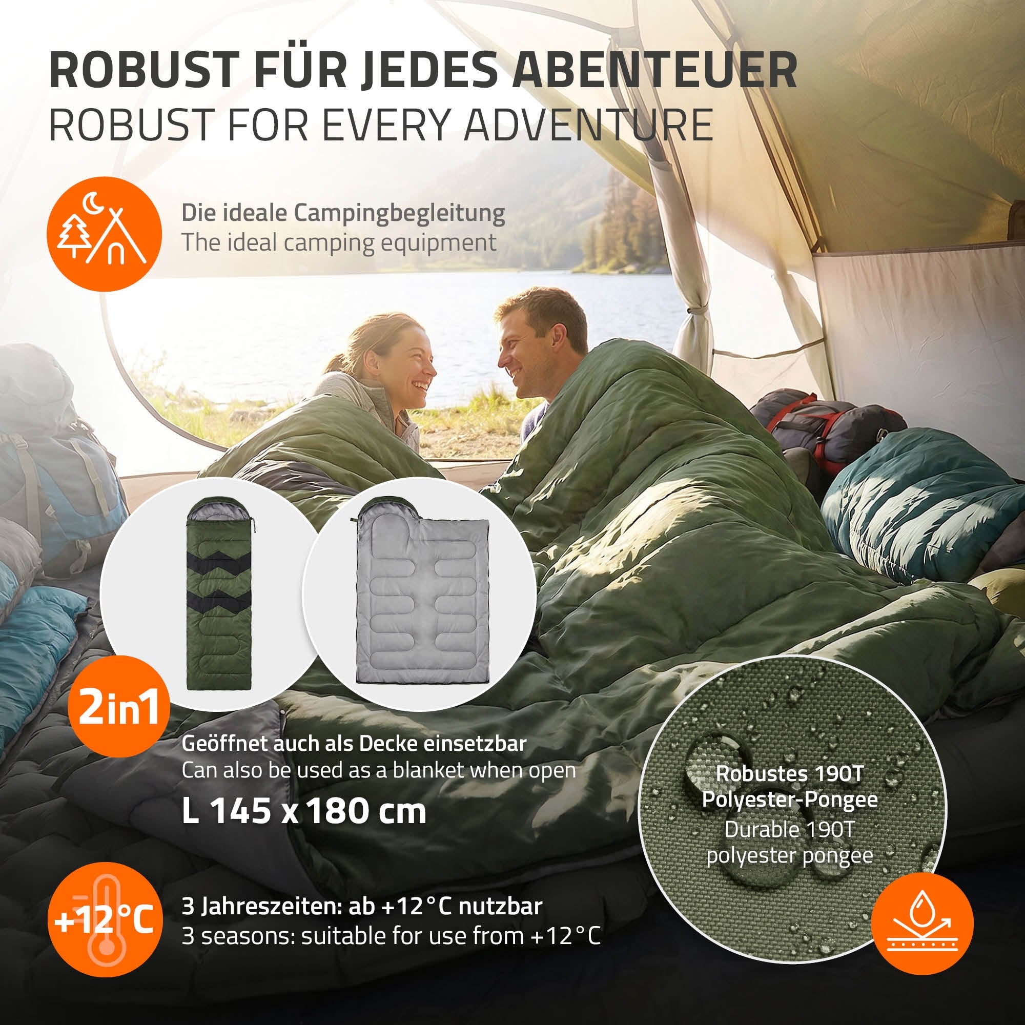 Two people in a tent, surrounded by sleeping bags and camping gear.