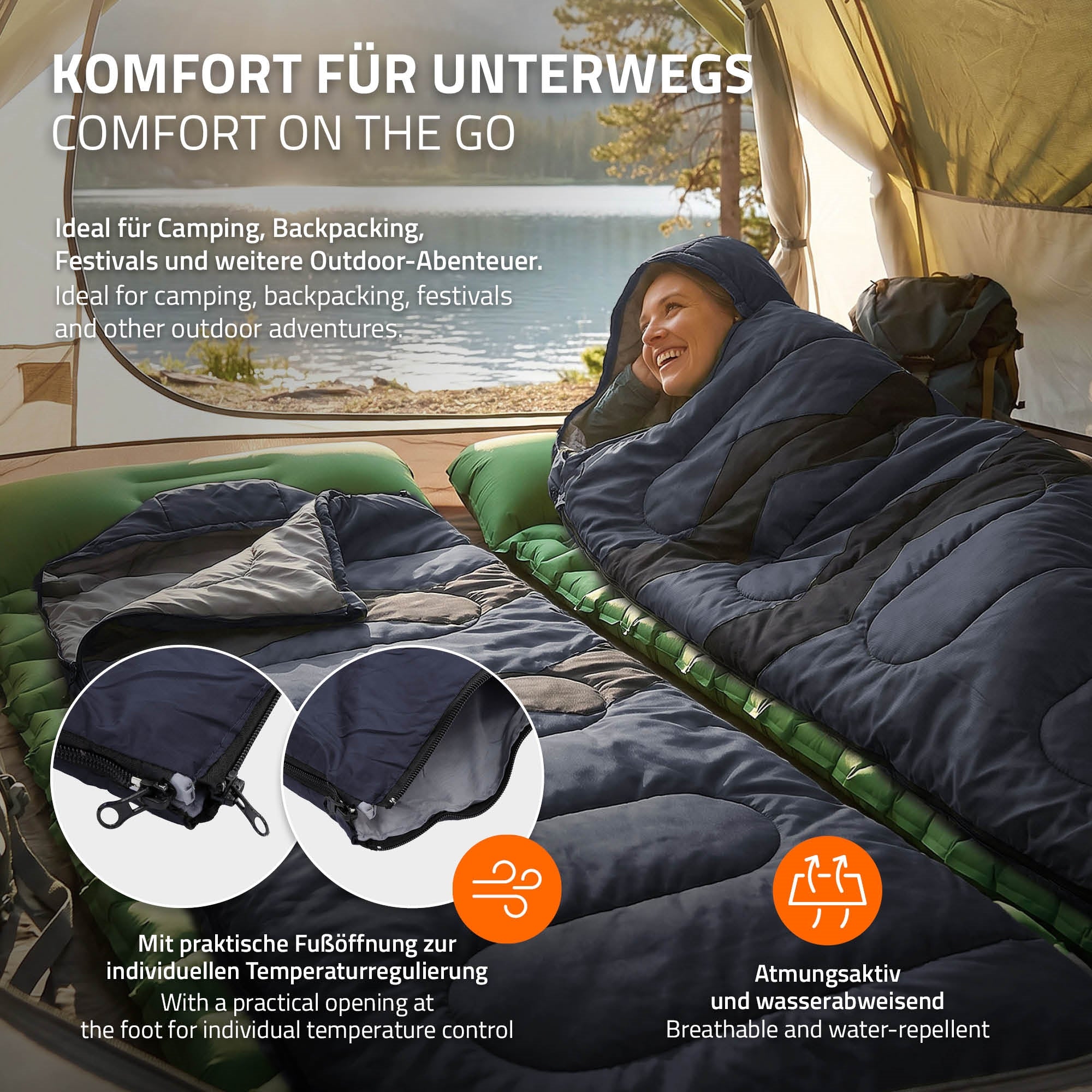 Zwei Schlafmatten in einem Zelt, eine Person liegt eingewickelt.