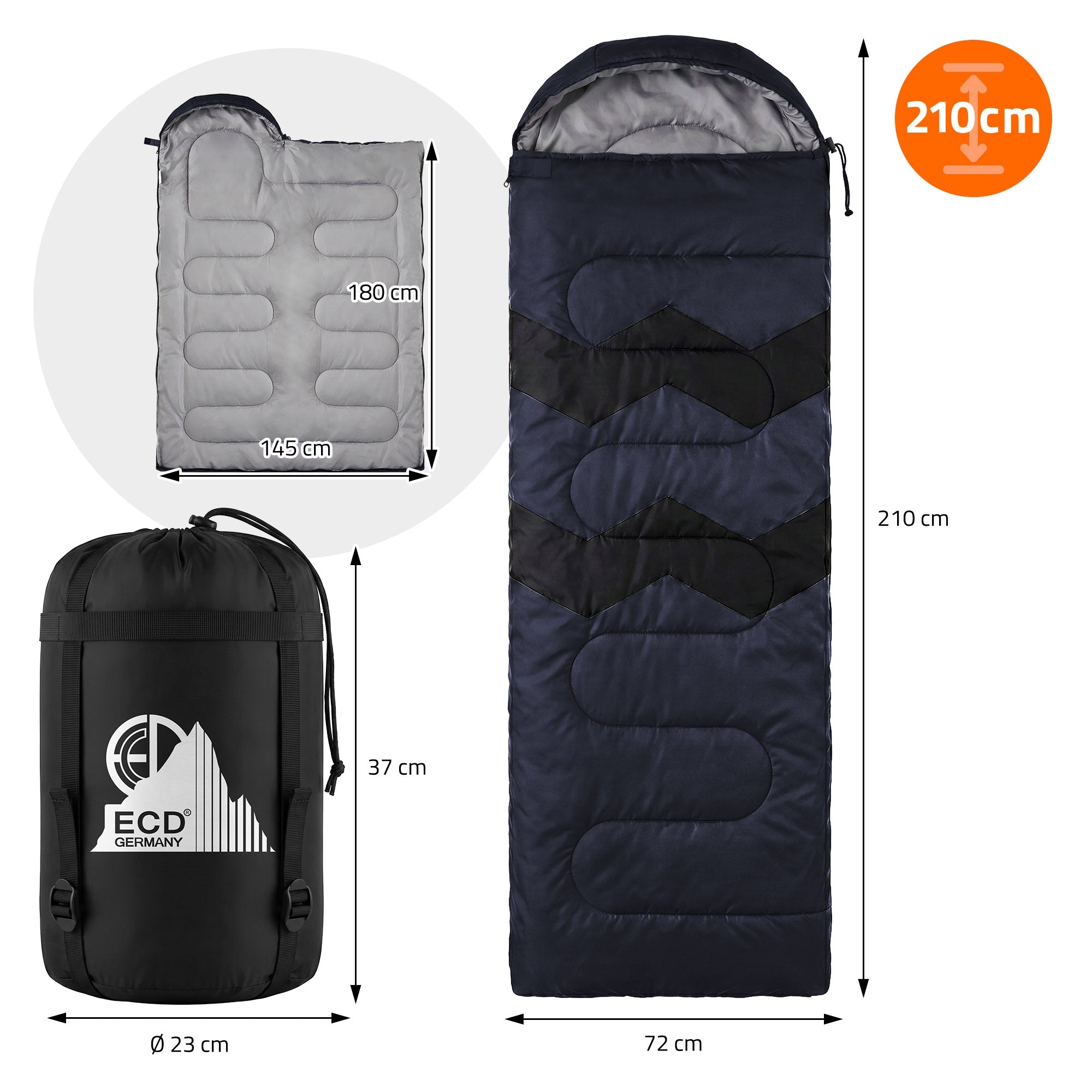 Dunkelblauer Schlafsack mit Maßen und Gewicht, verpackt in einem Beutel.
