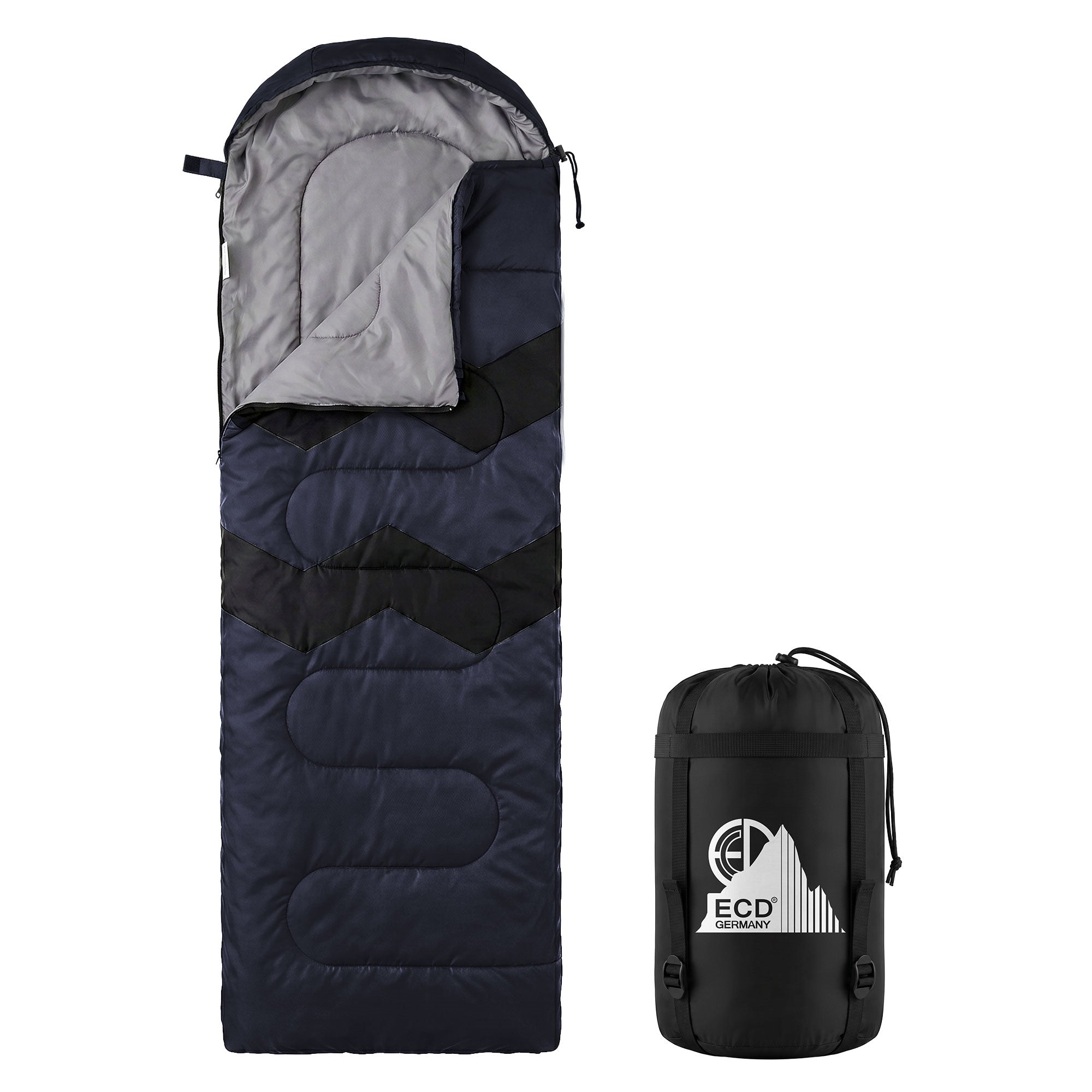 Schlafsack in Dunkelblau mit Tragetasche.