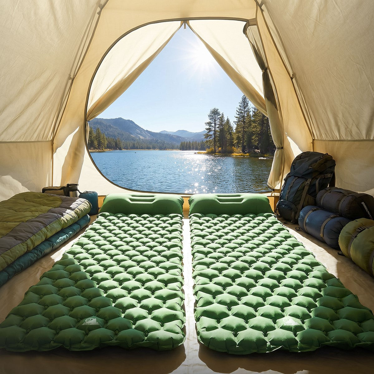 Twee groene slaapmatten in een tent met uitzicht op een meer en bergen.