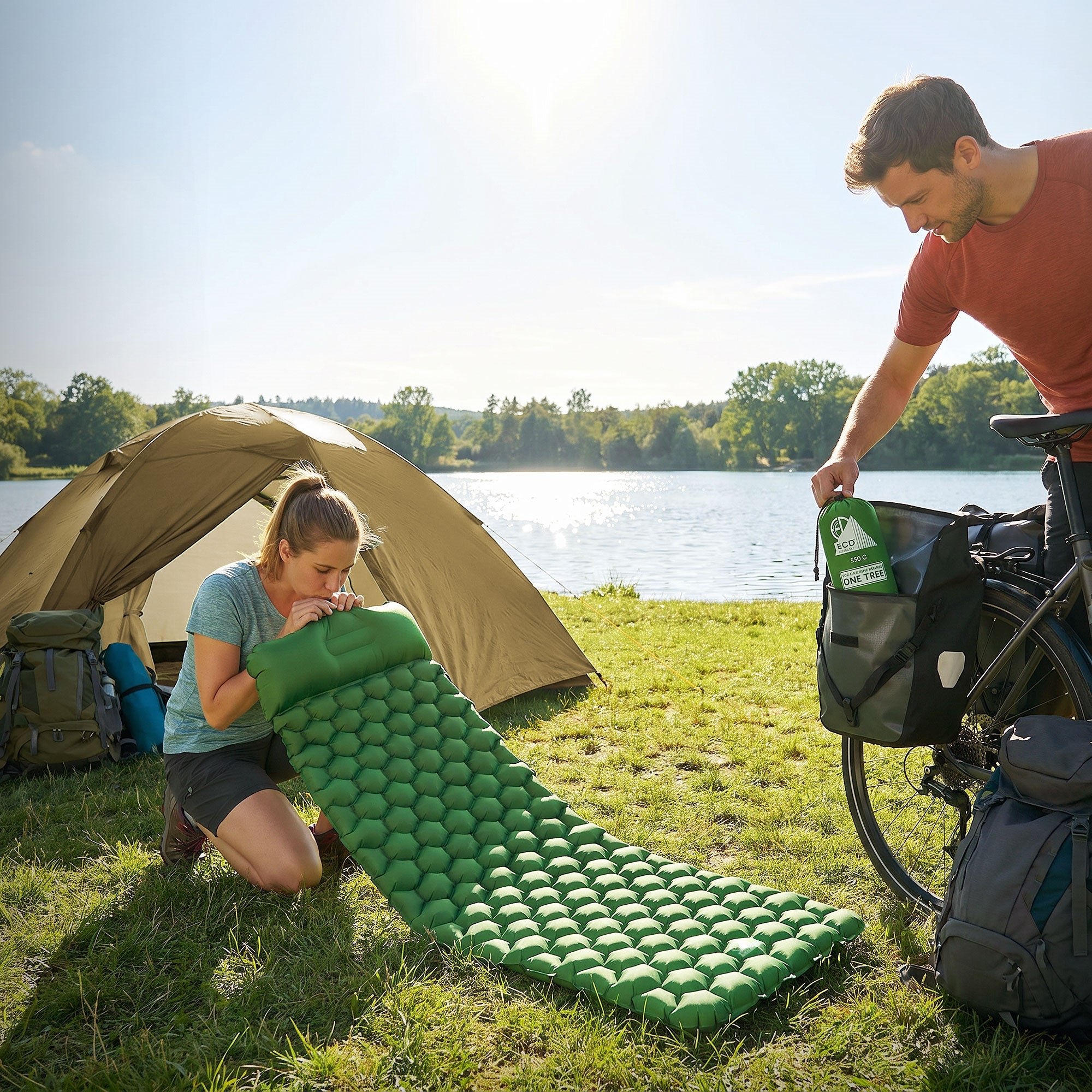 A woman inflating a green sleeping mat while a man holds a bag. Tent and lake in the background.