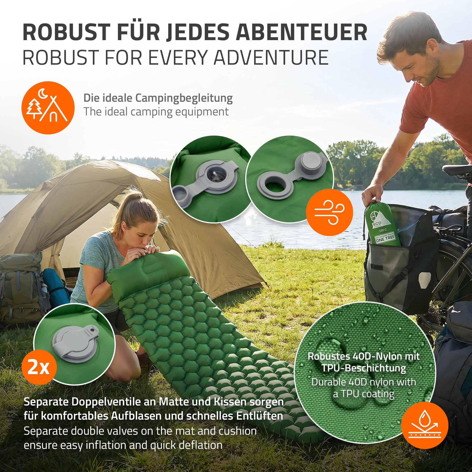 Person bläst eine grüne aufblasbare Matte auf, Zelt im Hintergrund.