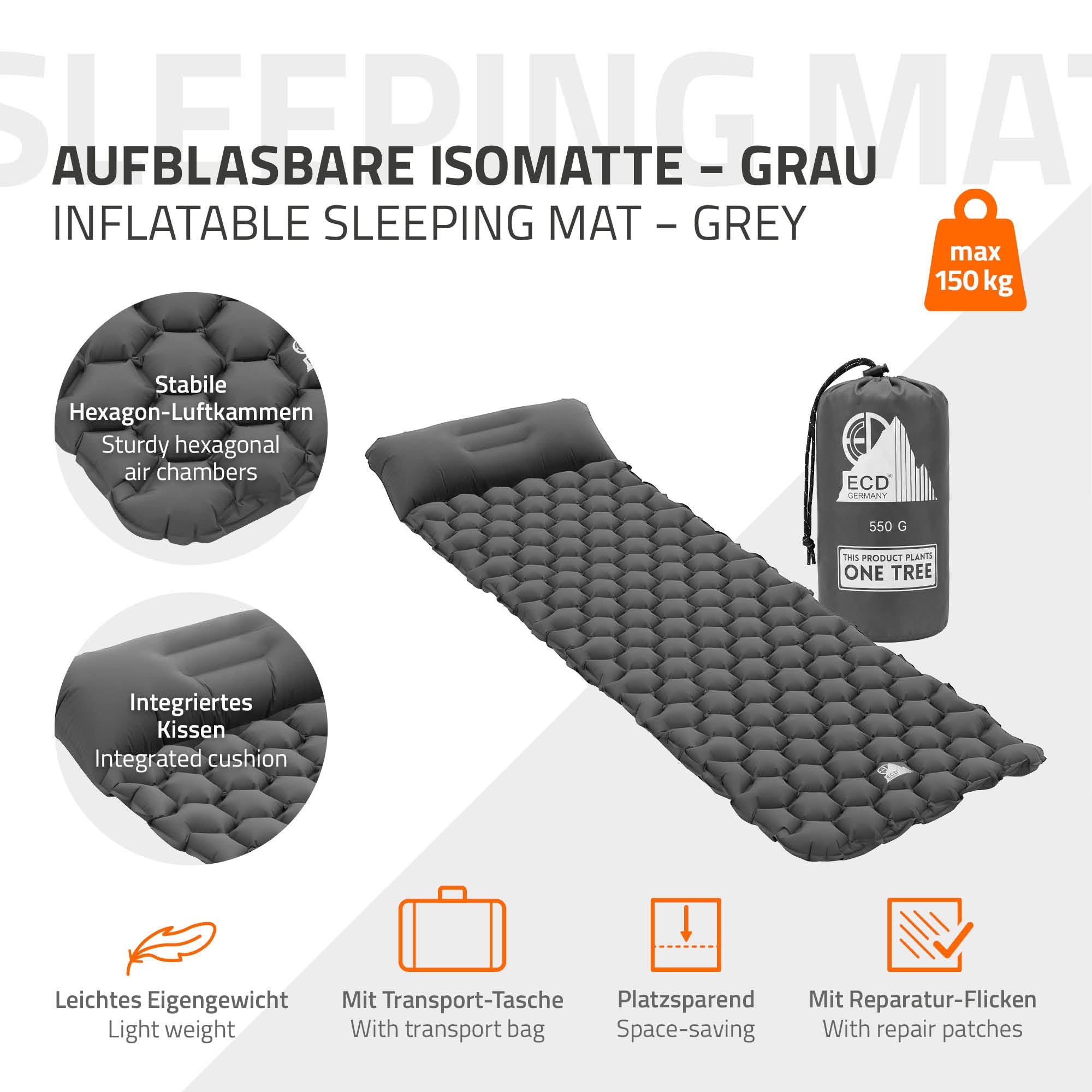 Aufblasbare Isomatte in Grau mit stabilen Luftkammern und integriertem Kissen.