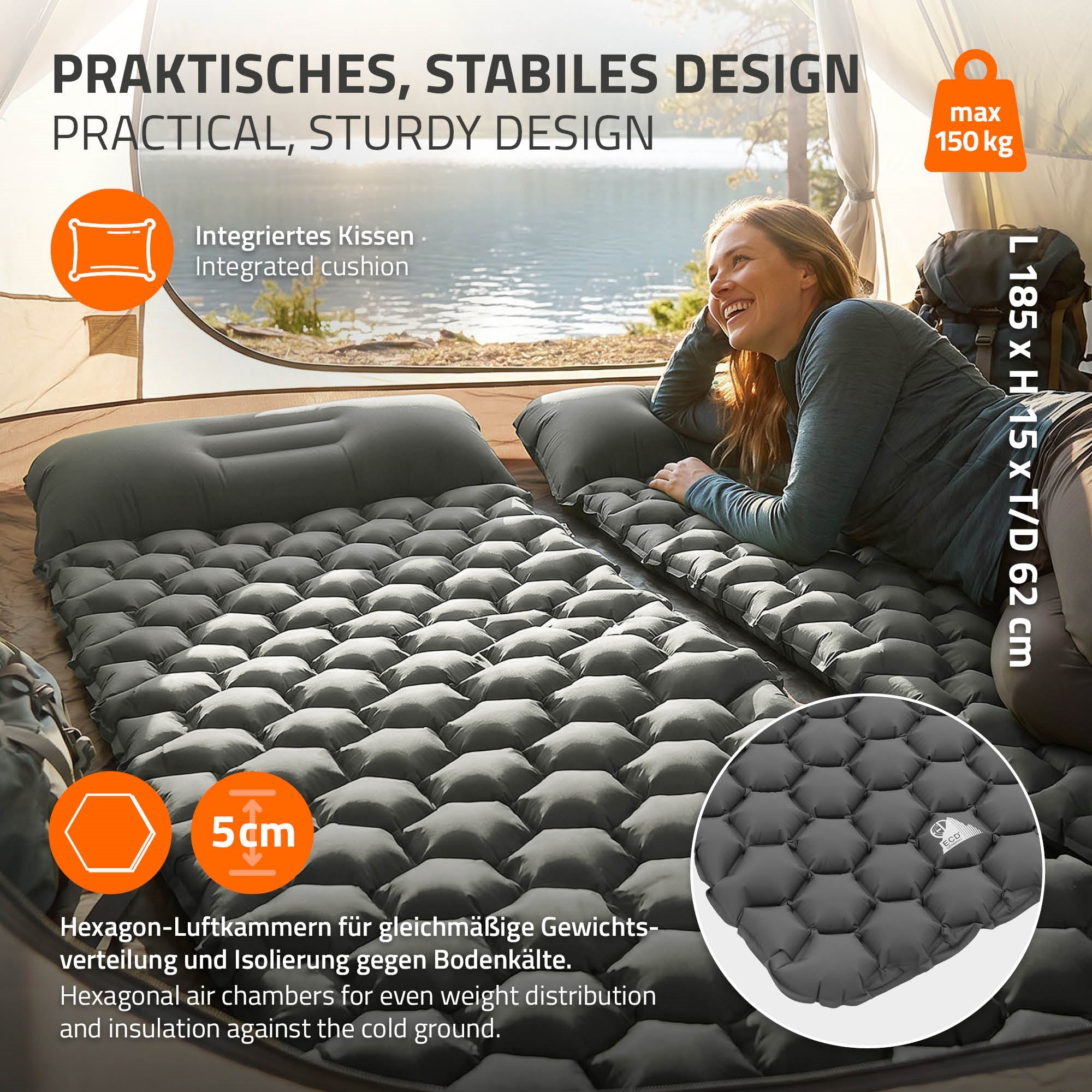 Luftmadras med integreret pude, hexagonale luftkamre.