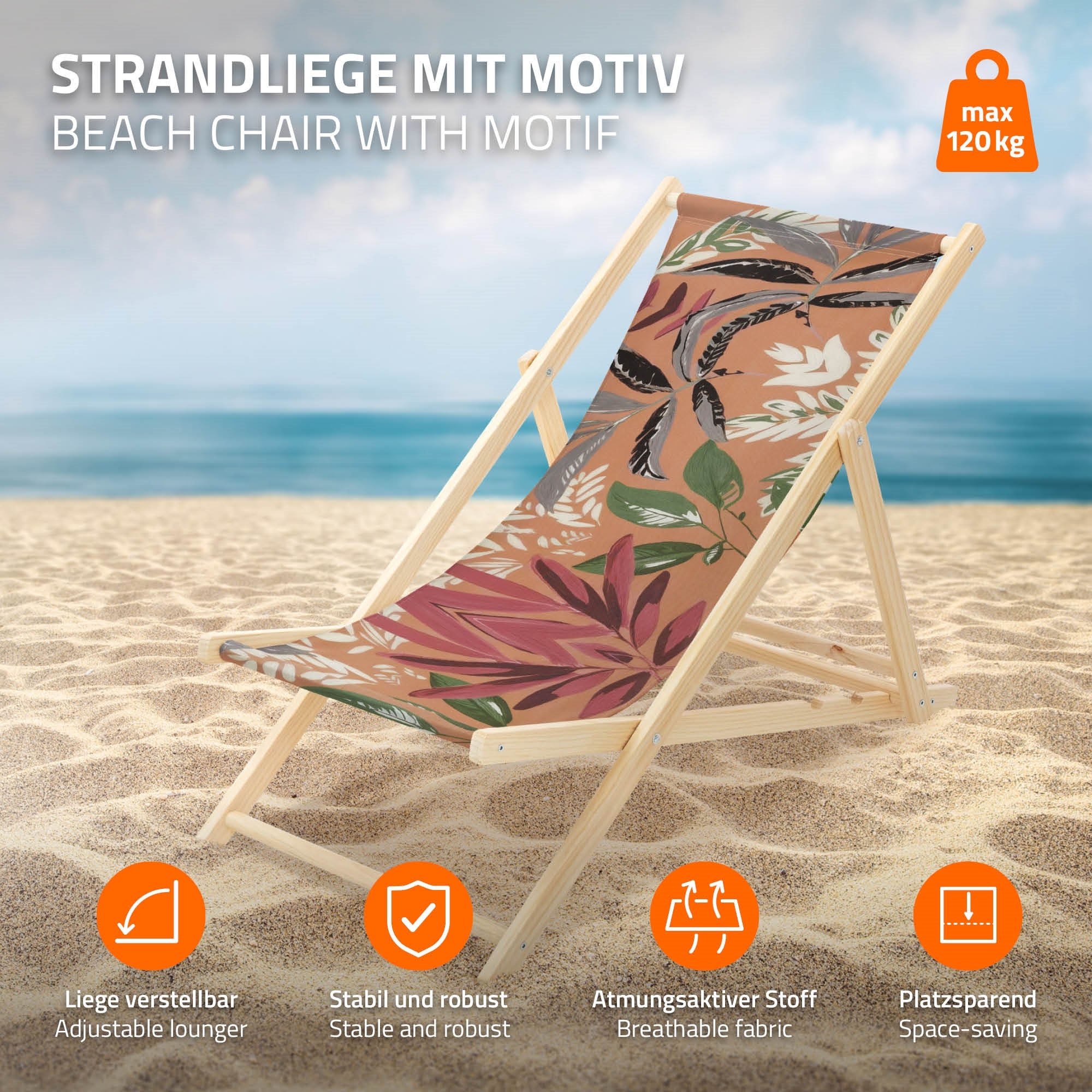 Strandliege mit Motiv, verstellbar, stabil und atmungsaktiv.