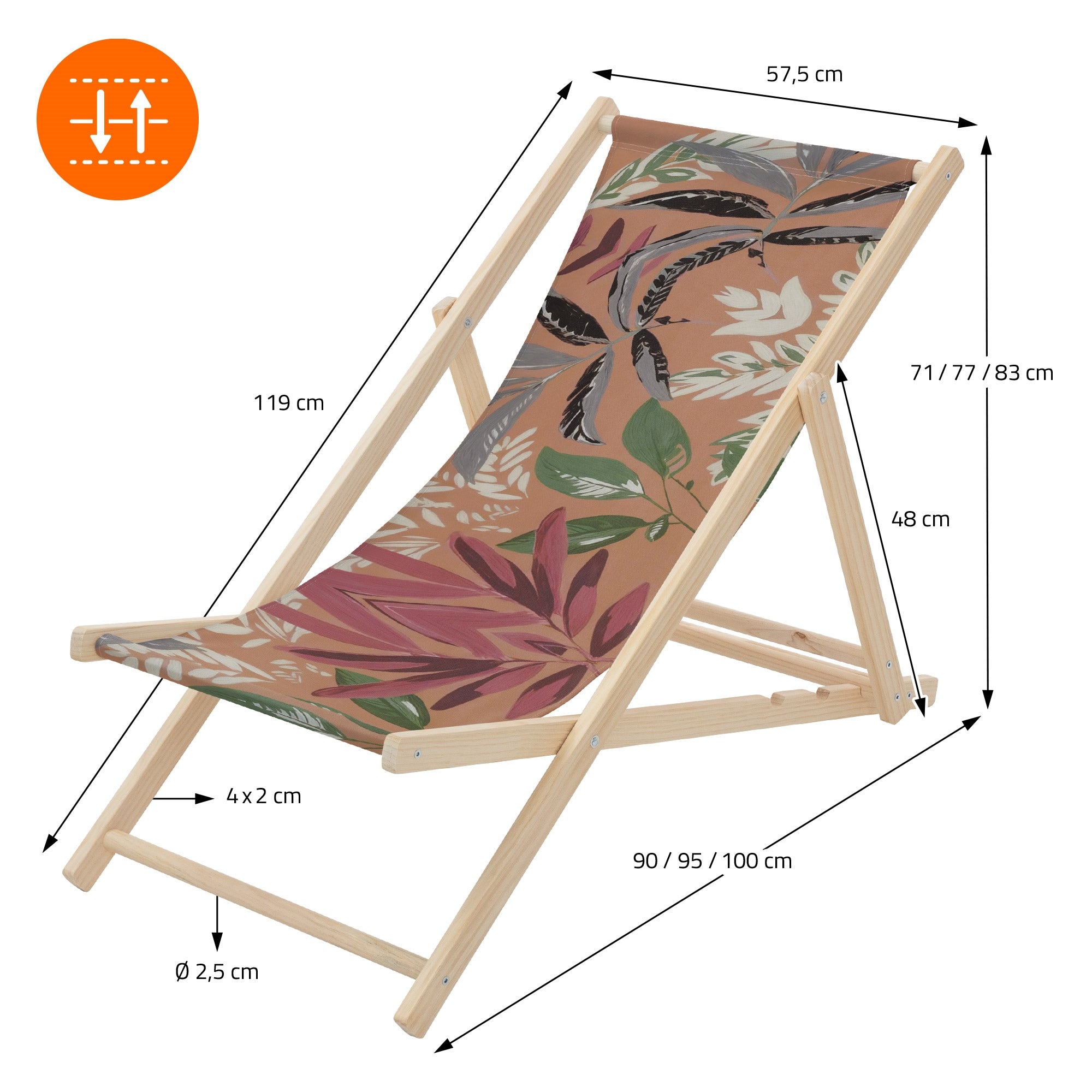 Liegestuhl mit Abmessungen und Details, Holzrahmen und Stoffmuster.