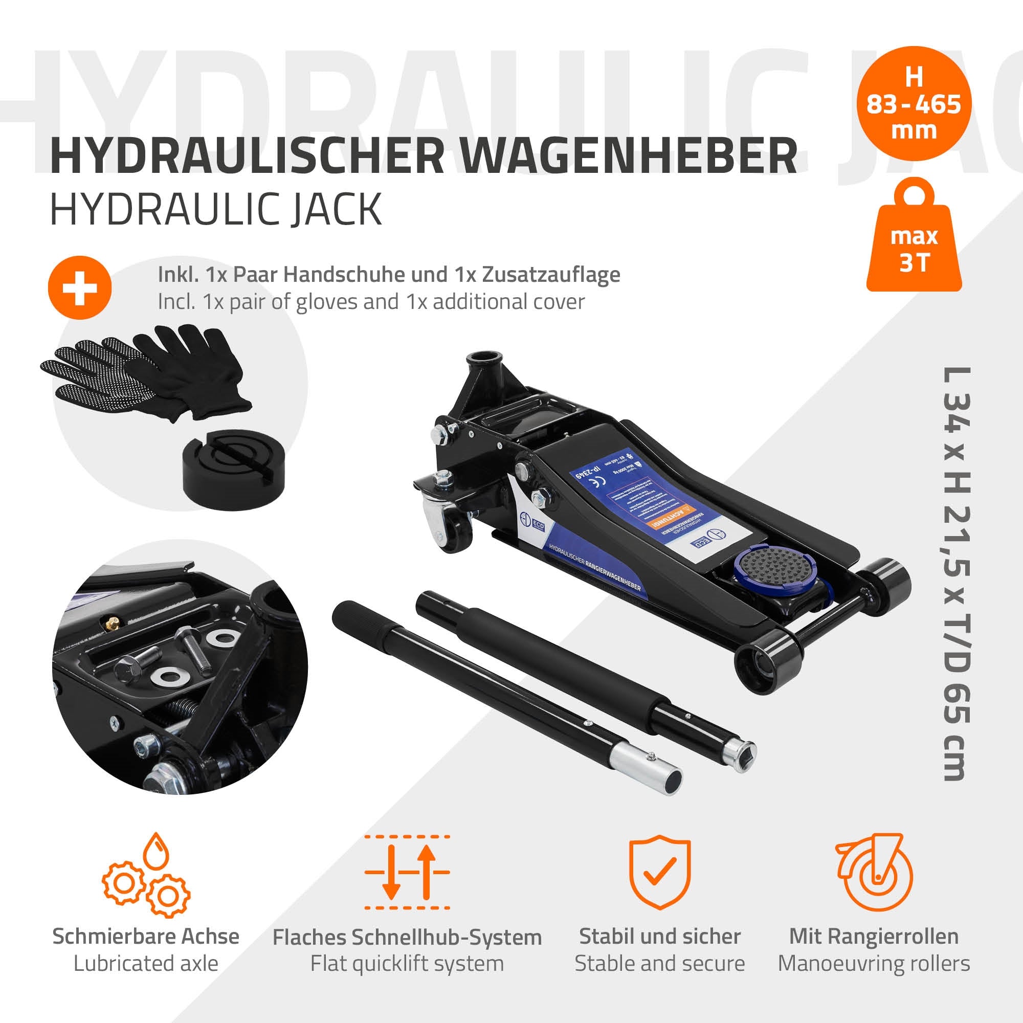 Hydraulische krik met accessoires en technische specificaties.