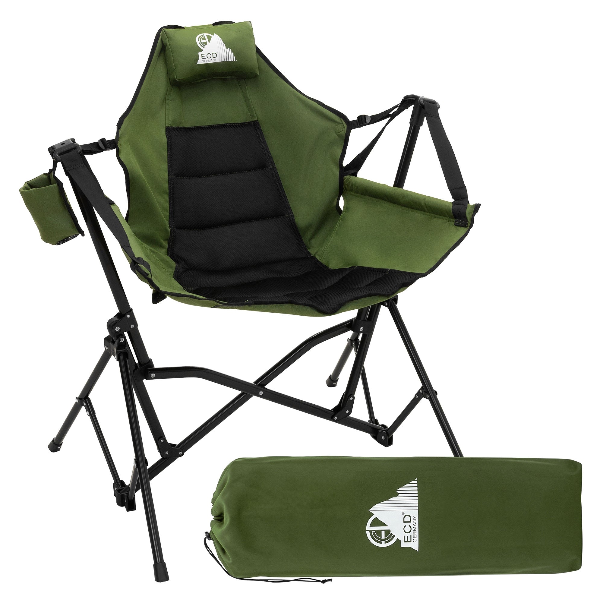 Grüner Klappstuhl mit schwarzem Bezug, zusammengeklappt in einer Tasche.