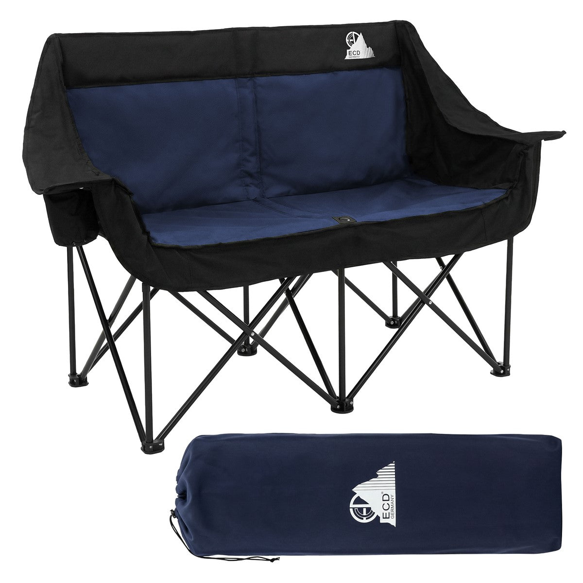 Photo of a 2-seater camping chair in khaki, together with the carry bag.