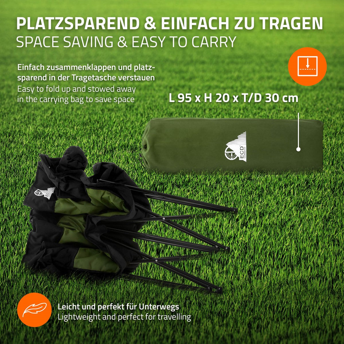 Grüne Tragetasche mit zusammengefalteten Stangen auf grünem Rasen.