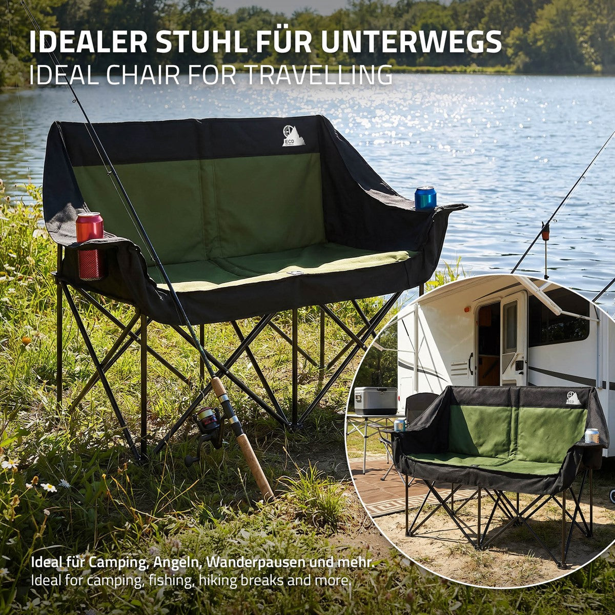 Bequemer Campingstuhl für unterwegs am Wasser mit Getränkehaltern.