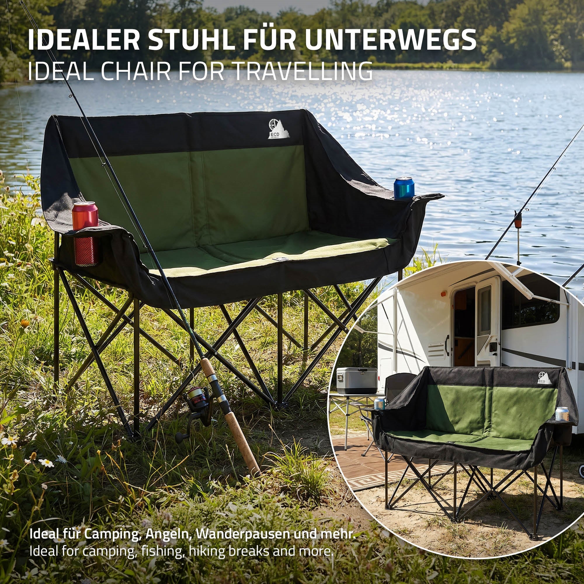 Bequemer Campingstuhl für unterwegs am Wasser mit Getränkehaltern.
