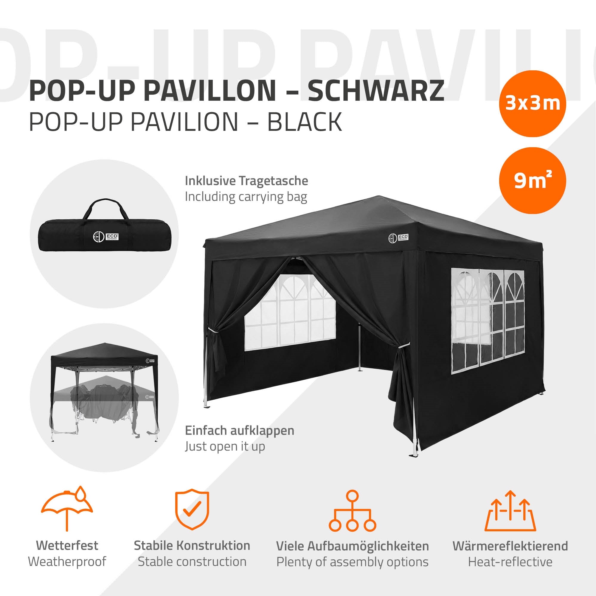 Schwarzes Pop-Up Pavillon mit Tragegriff und Aufklappmechanismus.