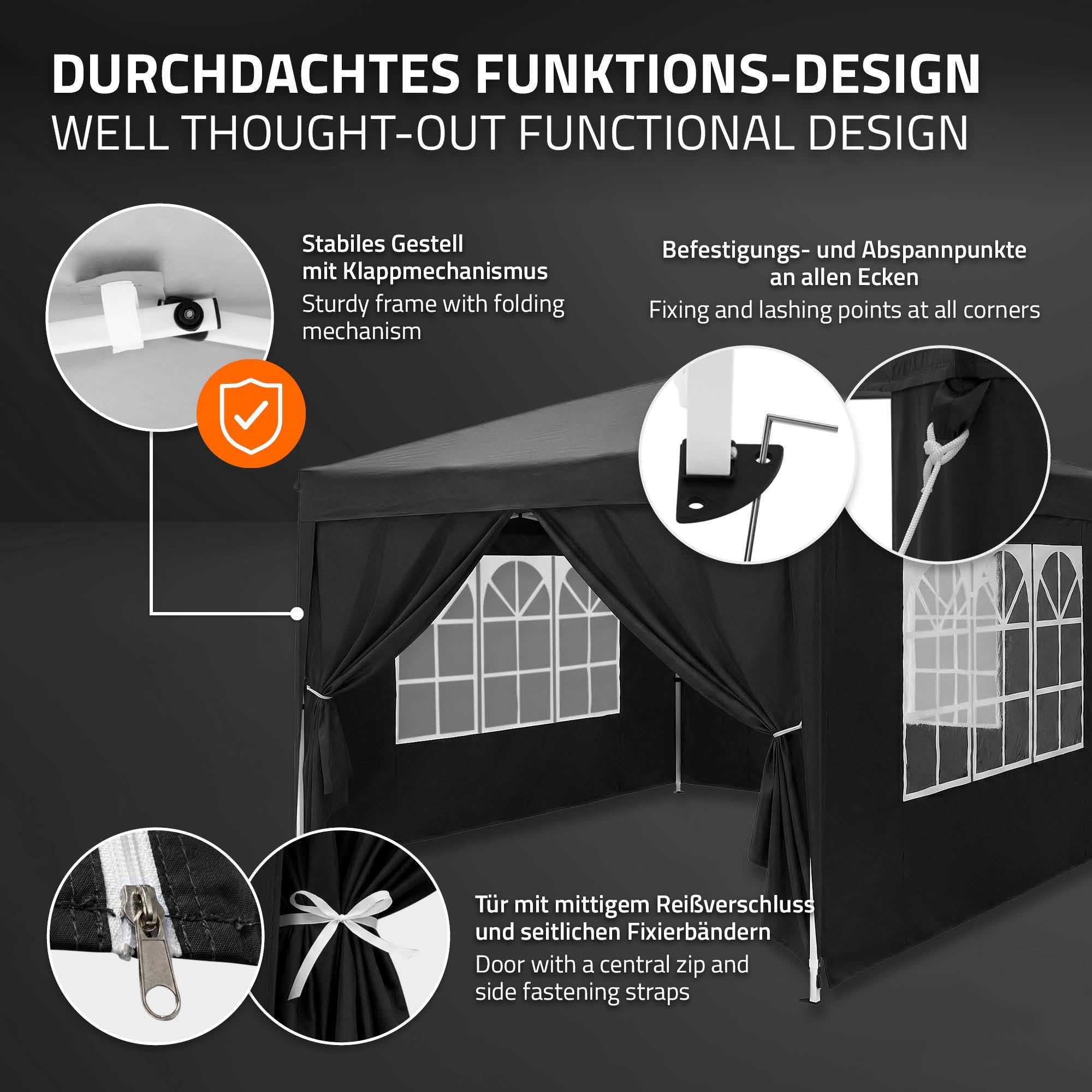 Stable tent with folding mechanism, attachment points at corners.