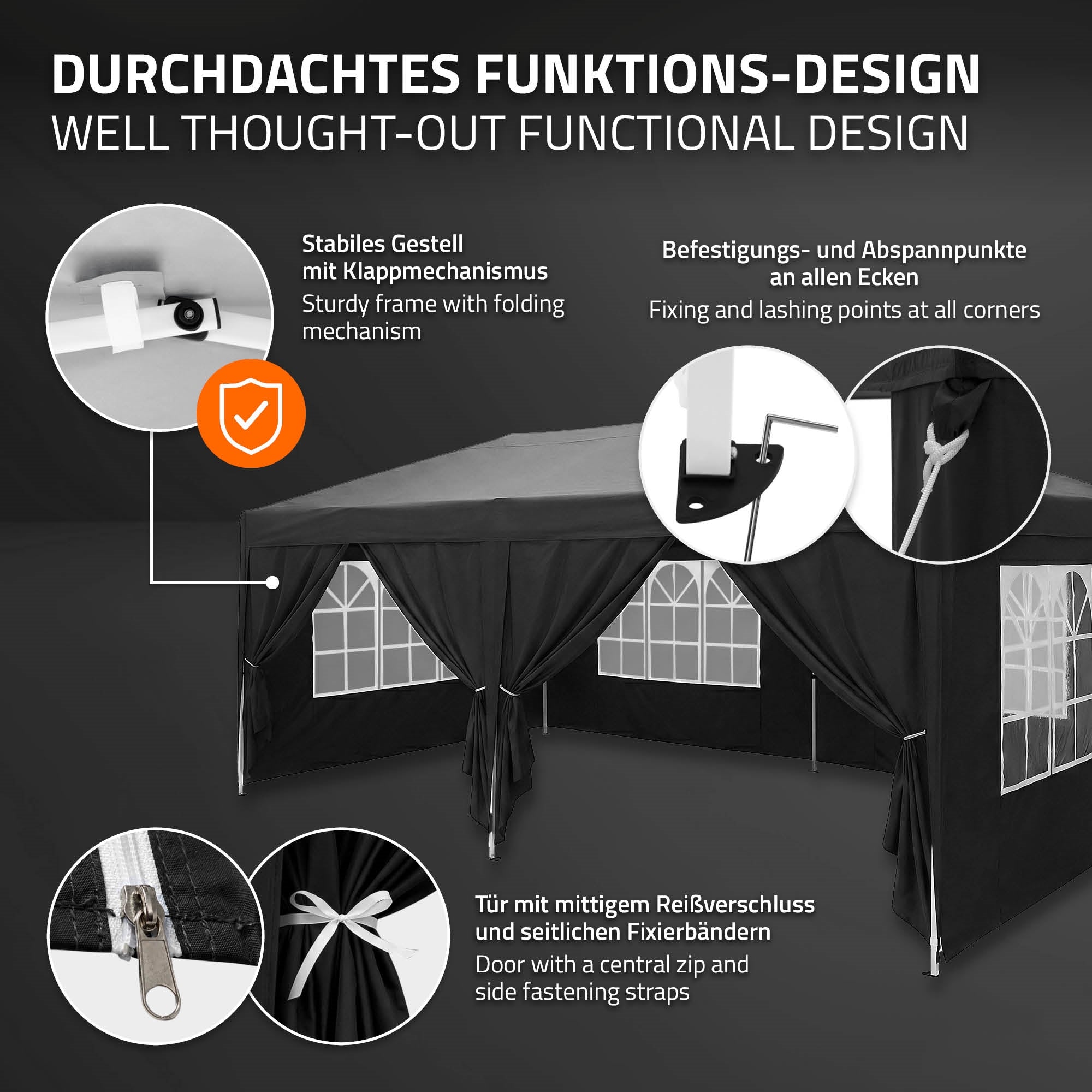Tente avec structure stable et fenêtres, installée à l'extérieur.