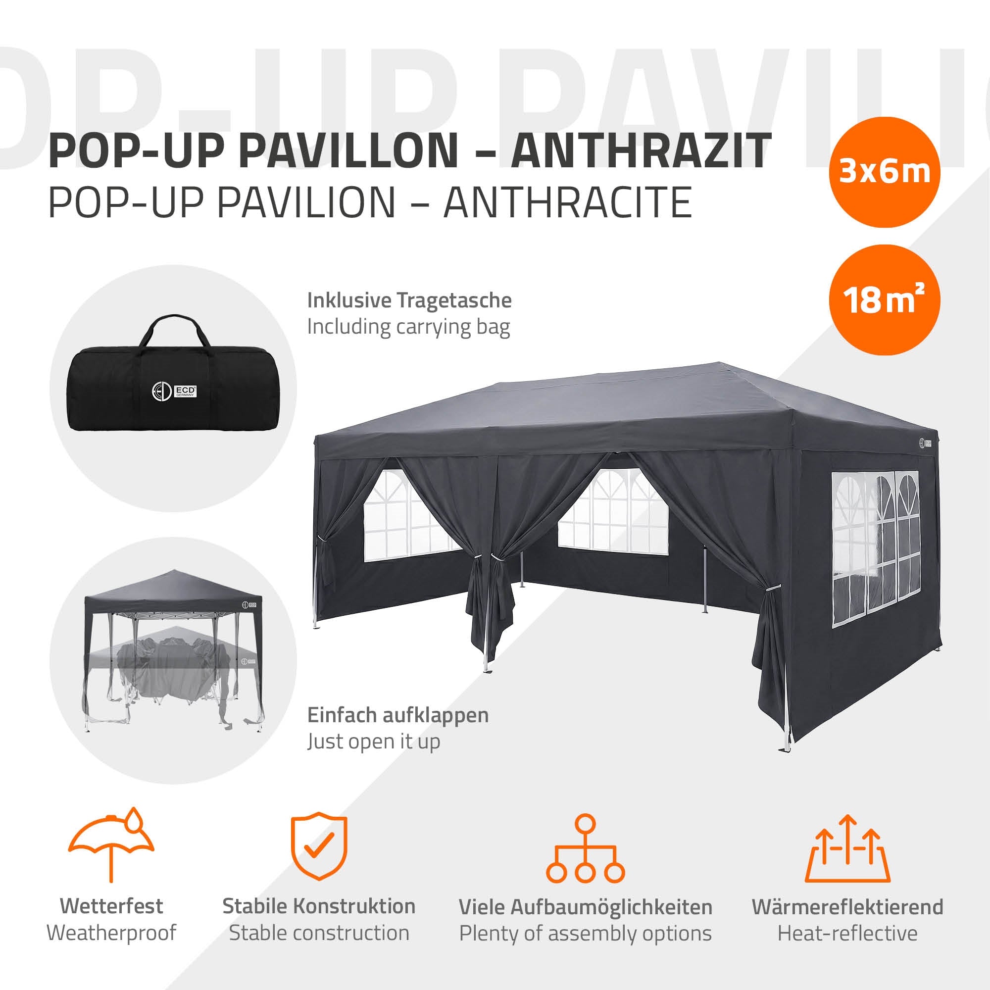 Schwarzer Pop-Up Pavillon mit Fenstern, auf einem Rasenplatz aufgebaut.