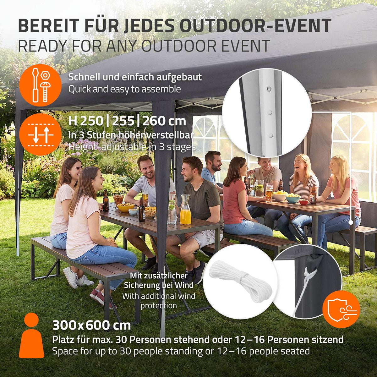 Visuel représentant un événement en plein air avec une tente et des tables à l’extérieur.