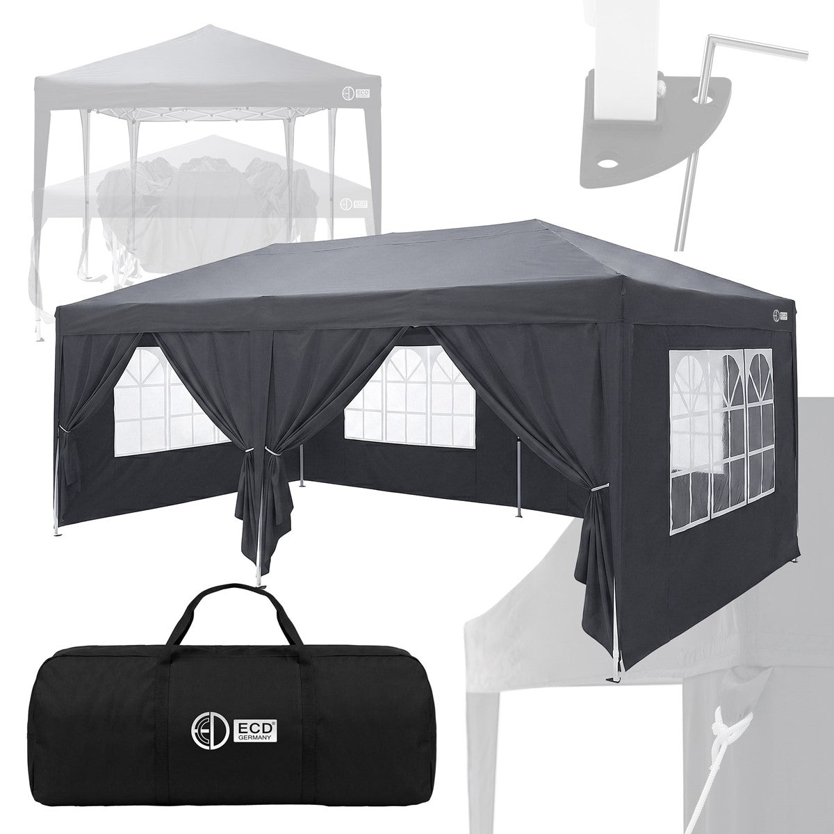 Pavillon noir avec fenêtres et rideaux sur fond blanc.