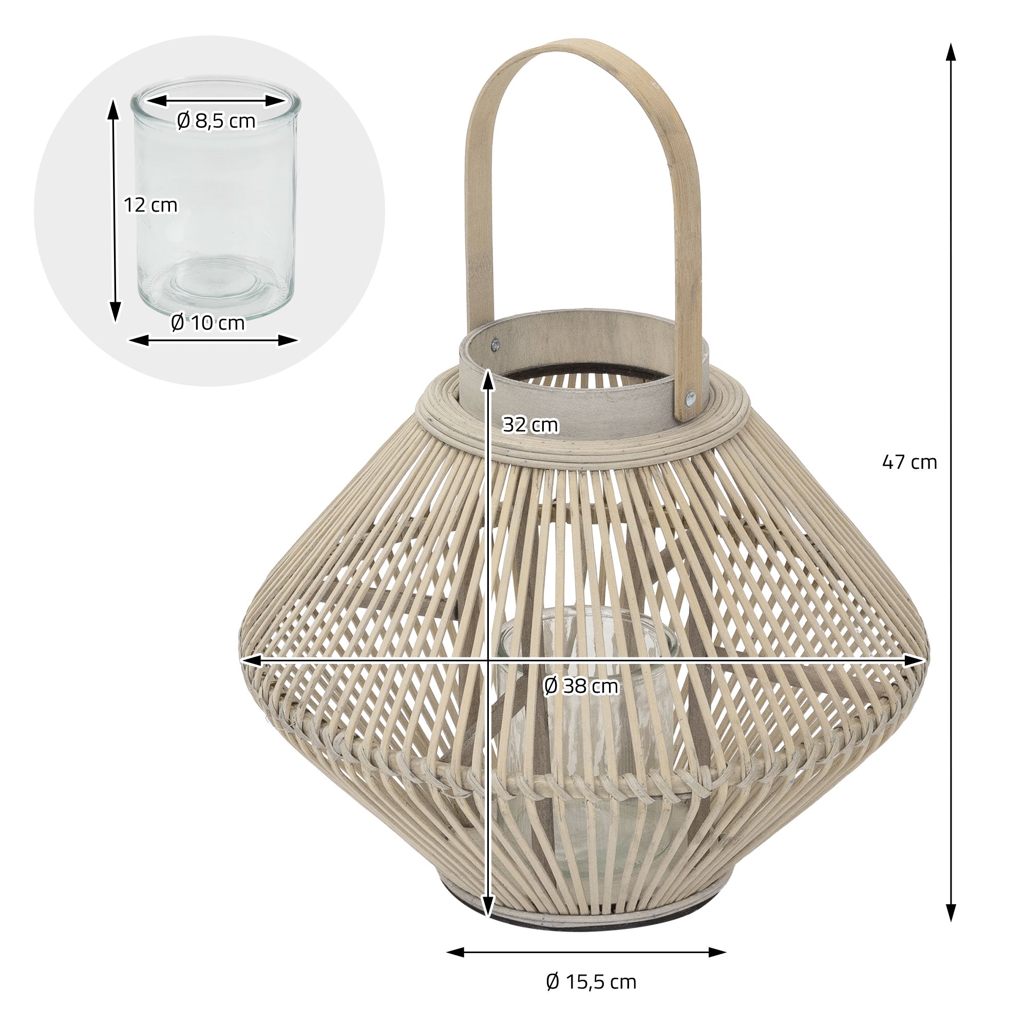 Laterne aus Rattan mit Maßangaben und Glasbehälter.