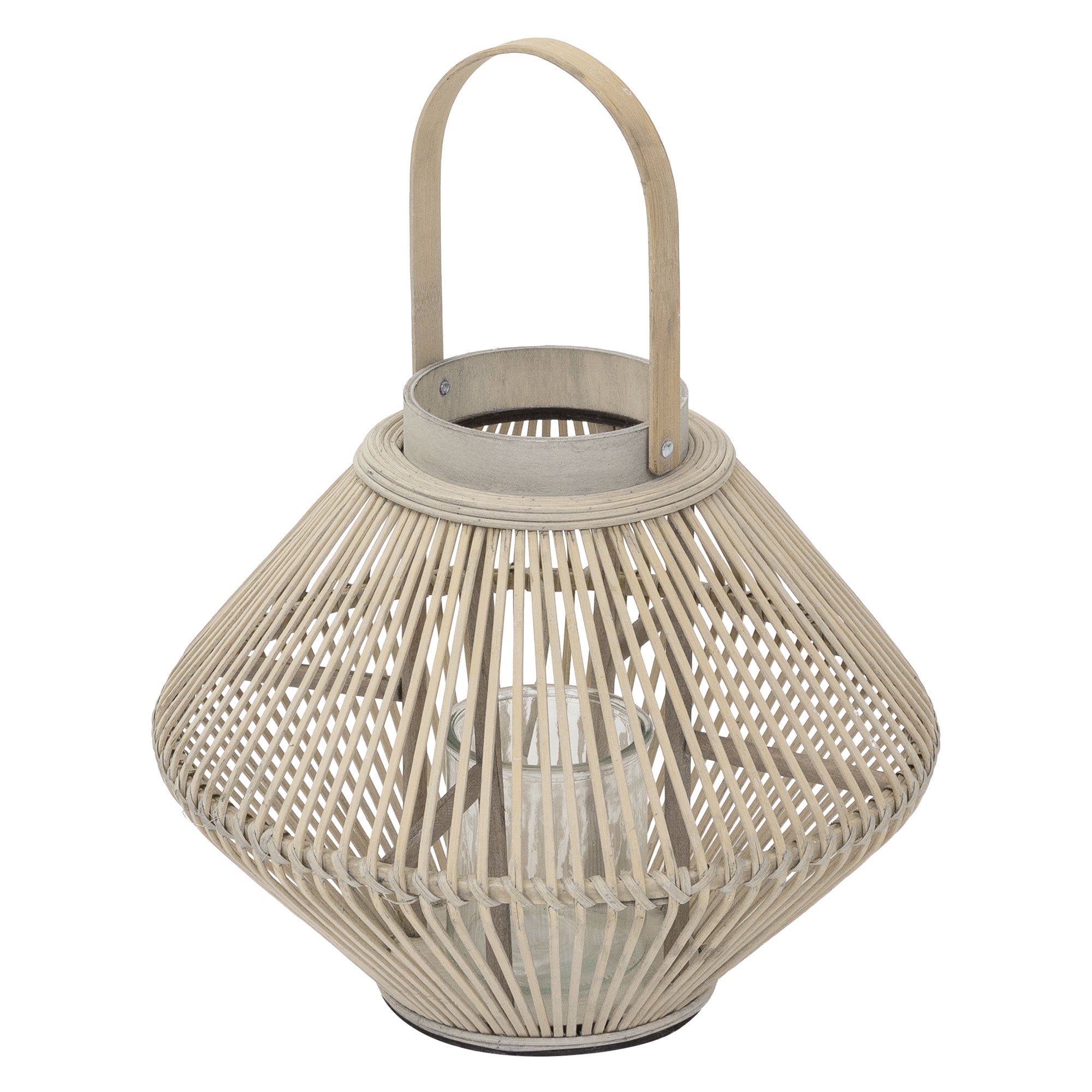 Laterne aus Rattan ohne Maßangaben, mit Glasbehälter.