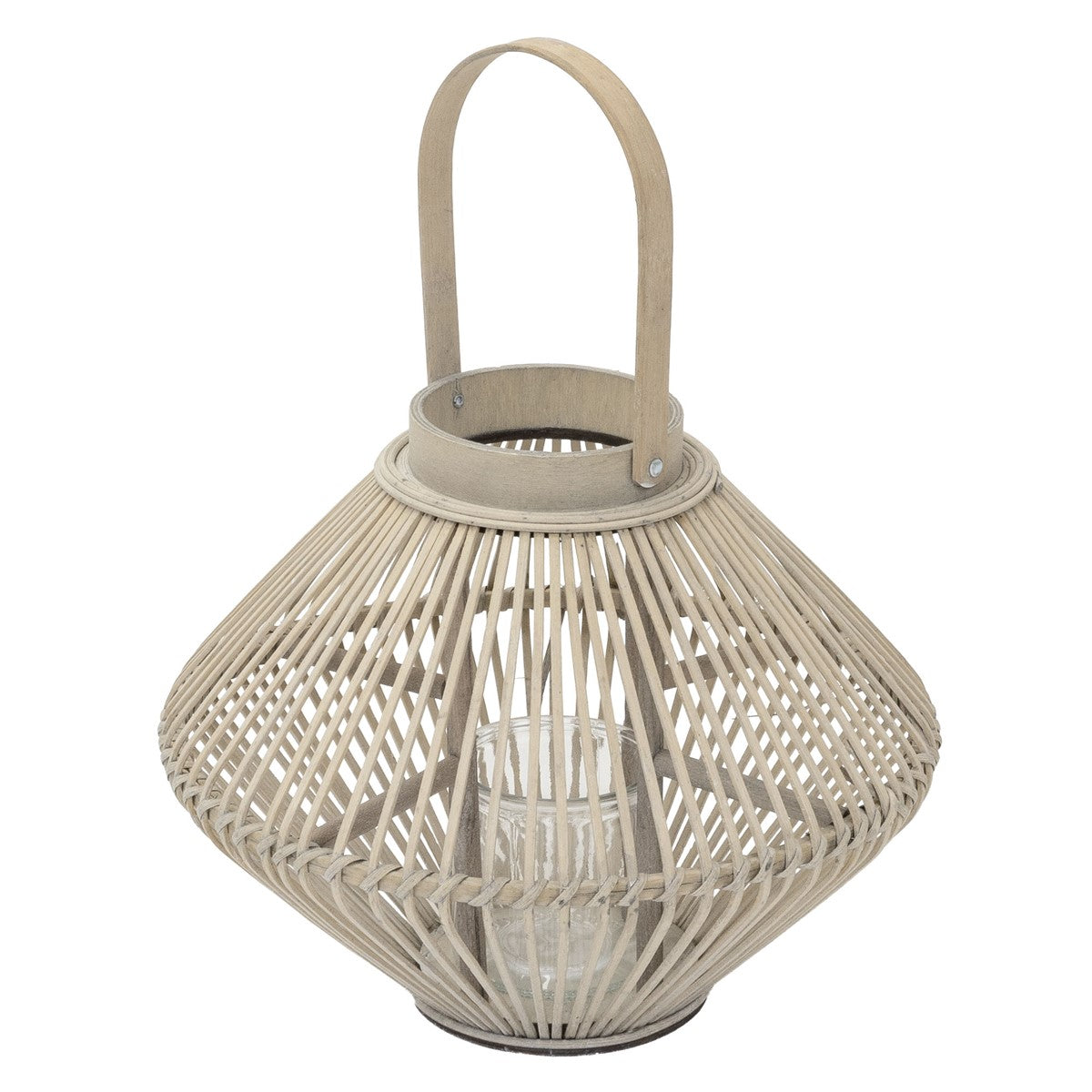 Bamboo lantern with a glass candle holder, on a white background, viewed from the front.