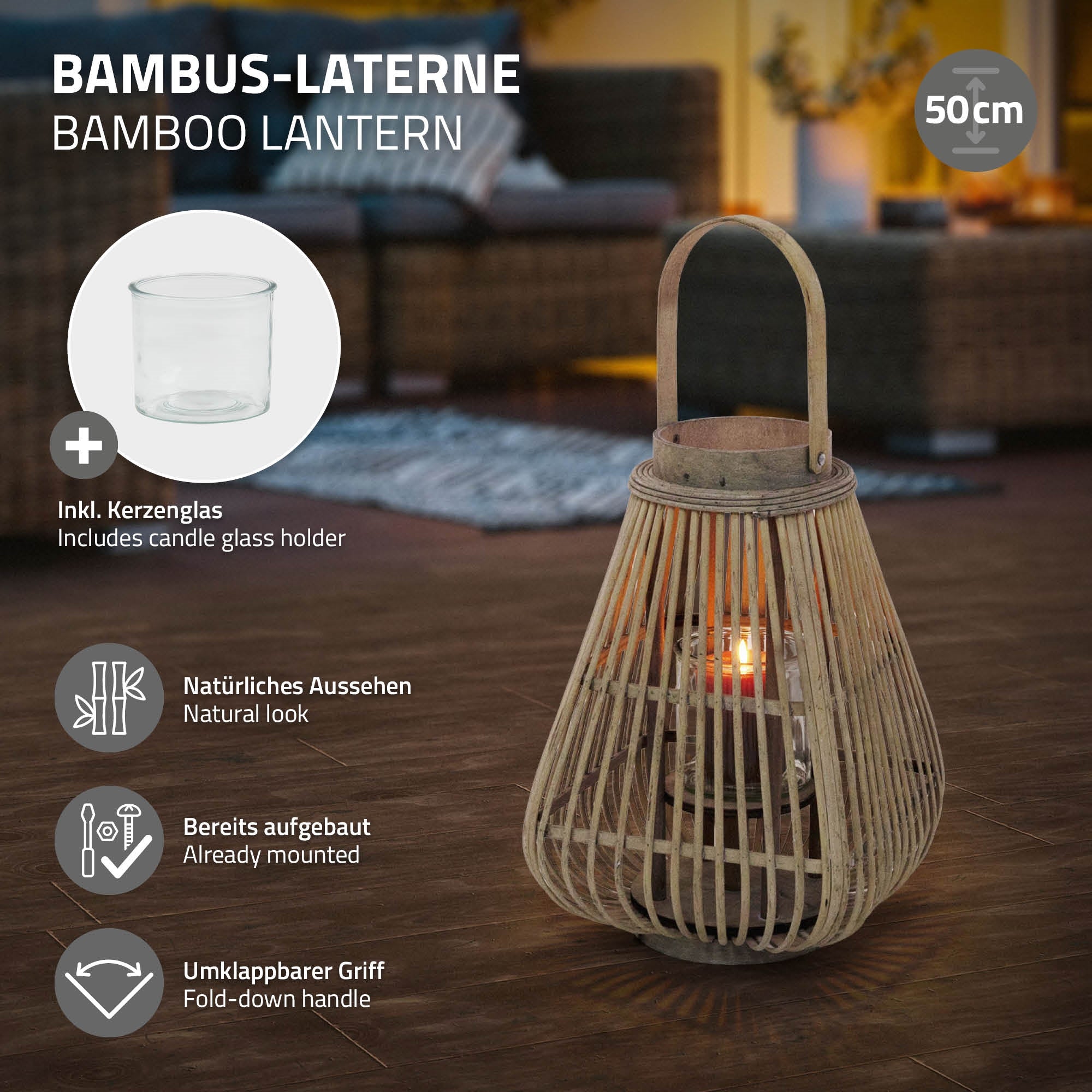 Bambus-Laterne mit Kerzenglas, natürlichem Aussehen und klappbarem Griff.