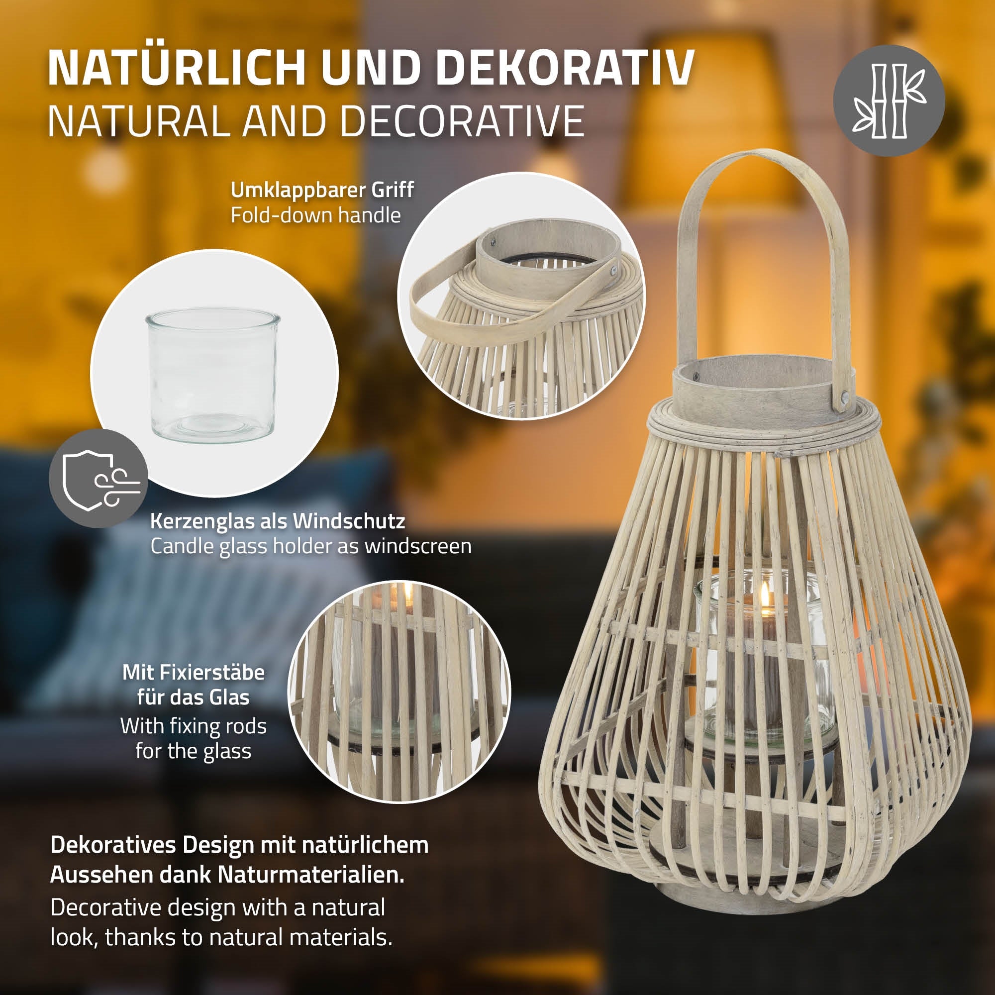 Bamboo lantern with a glass as a windbreak and decorative design.